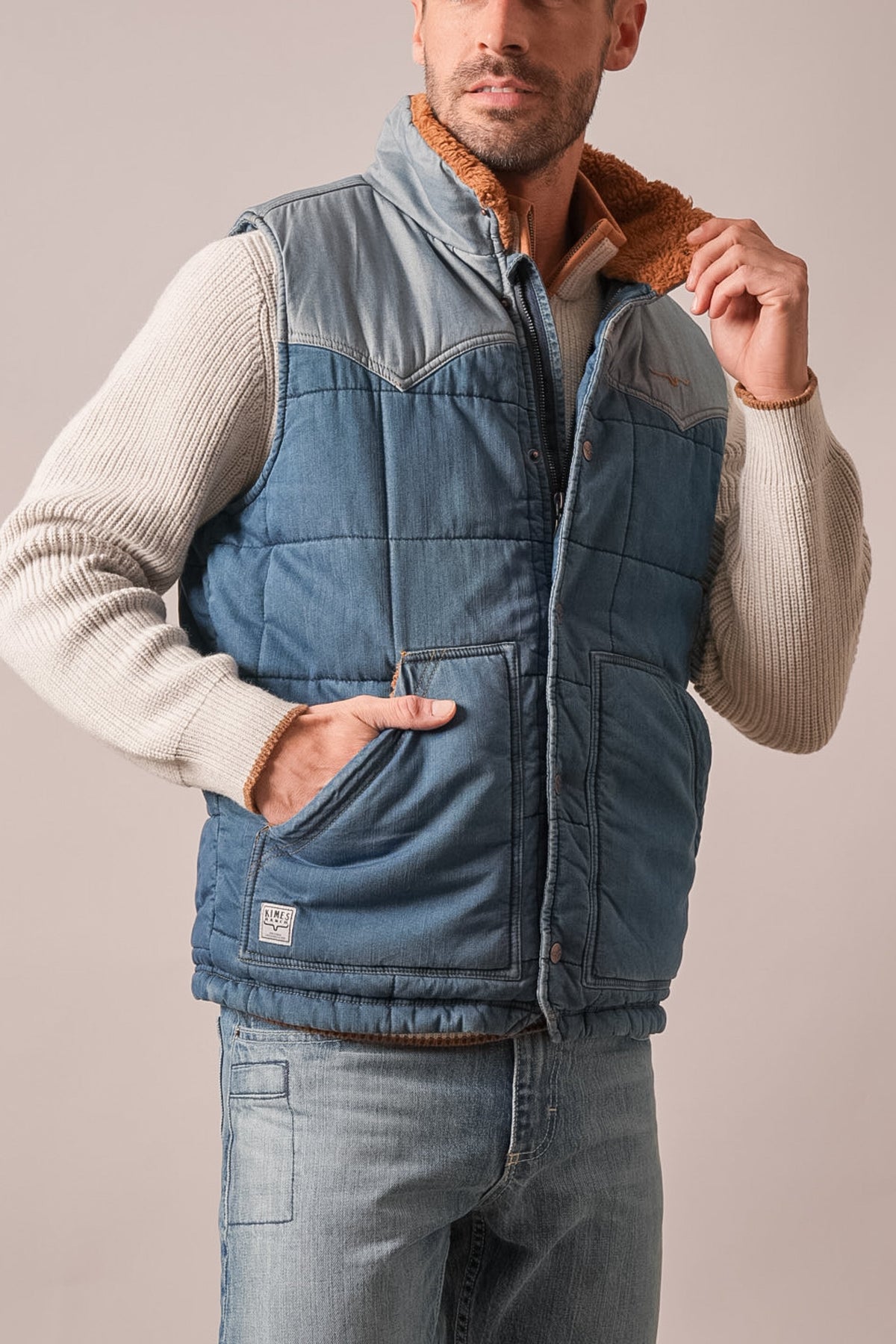 Kimes Ranch Muir Trail indigo quilted denim vest with sherpa collar, yoke stitching and patch pockets