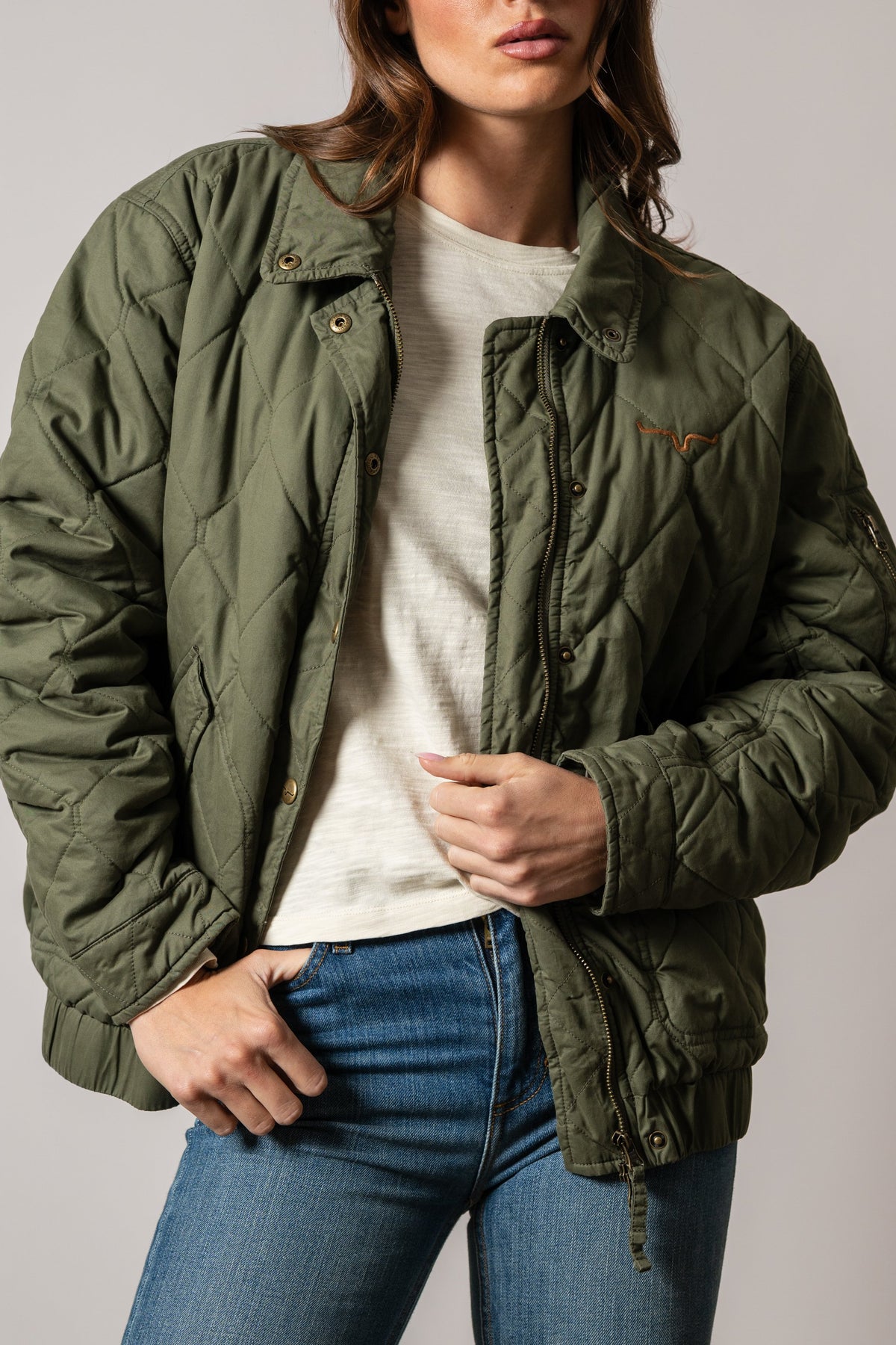 Kimes Ranch Phoeby quilted bomber jacket in moss green with snap placket and logo embroidery
