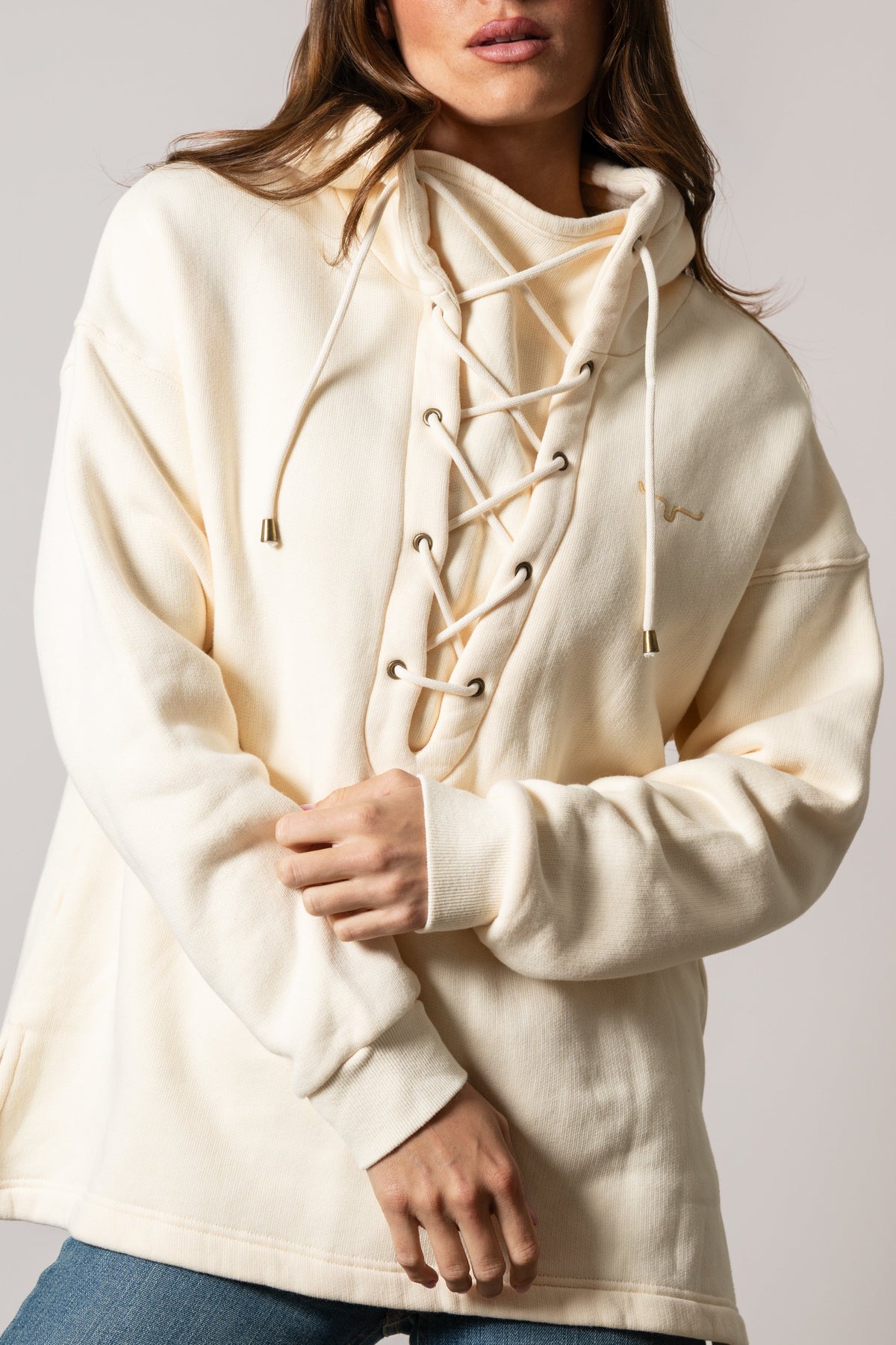 Kimes Ranch Pippi hoodie in Natural with long sleeves, front lace-up detail, and Kimes Ranch logo