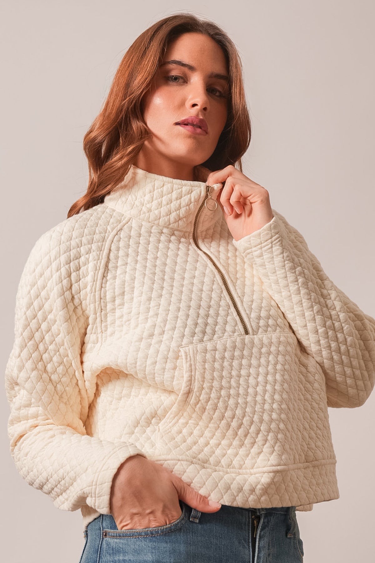 Kimes Ranch Rita Natural women's quilted sweatshirt with half-zip neck, long raglan sleeves, and kangaroo pocket