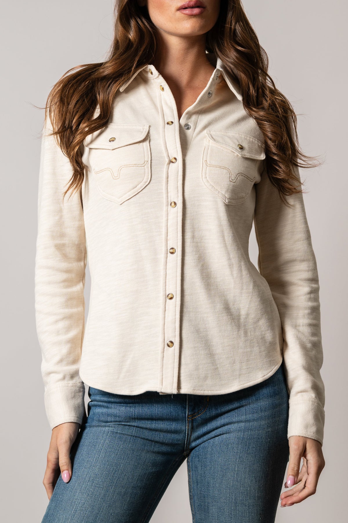 Kimes Ranch Rora natural long sleeve top with button front and two chest pockets