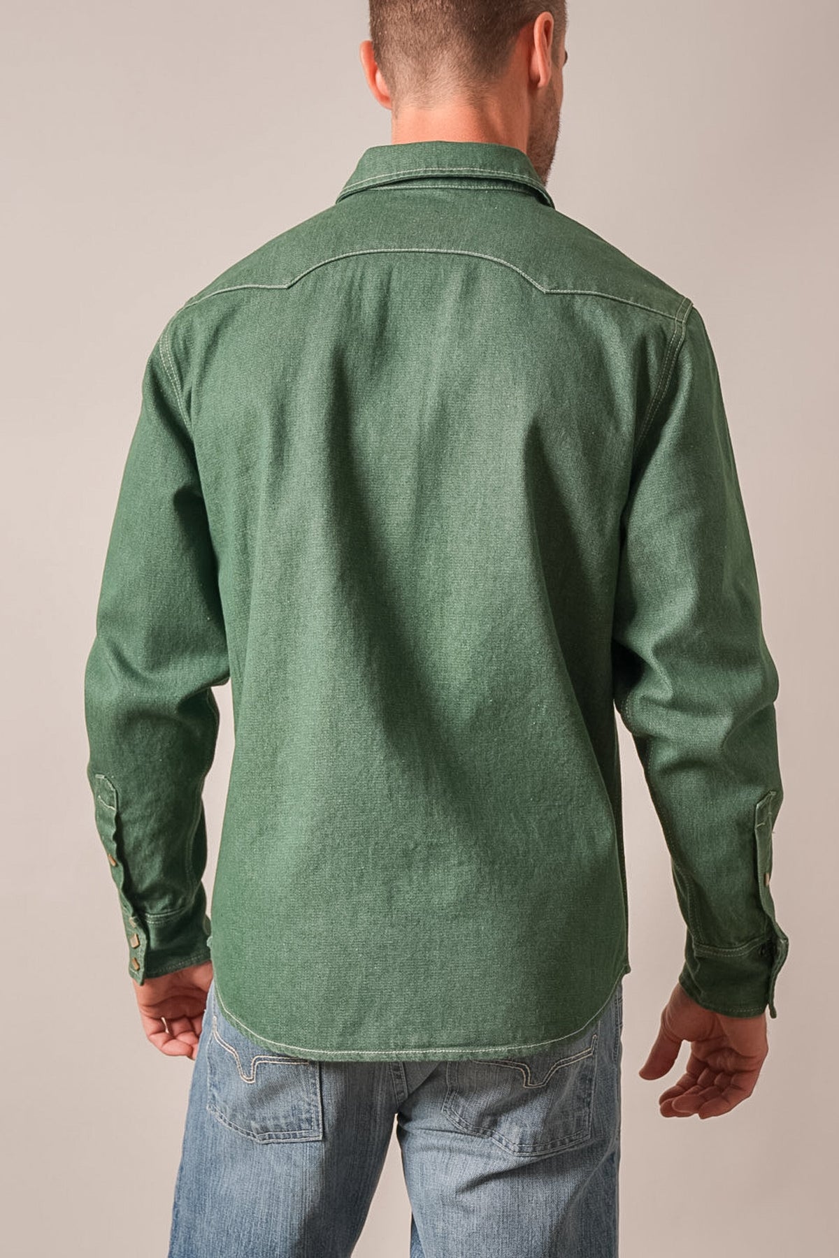 Kimes Ranch Roscoe Jacket in Forest green, long sleeve with yoke seam detail and contrast topstitching on the back