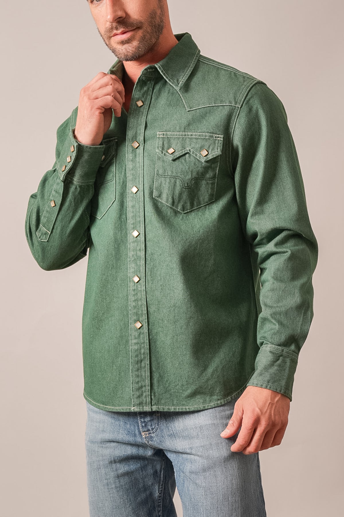 Kimes Ranch Roscoe green jacket, long sleeve denim with diamond stud pockets and yoke