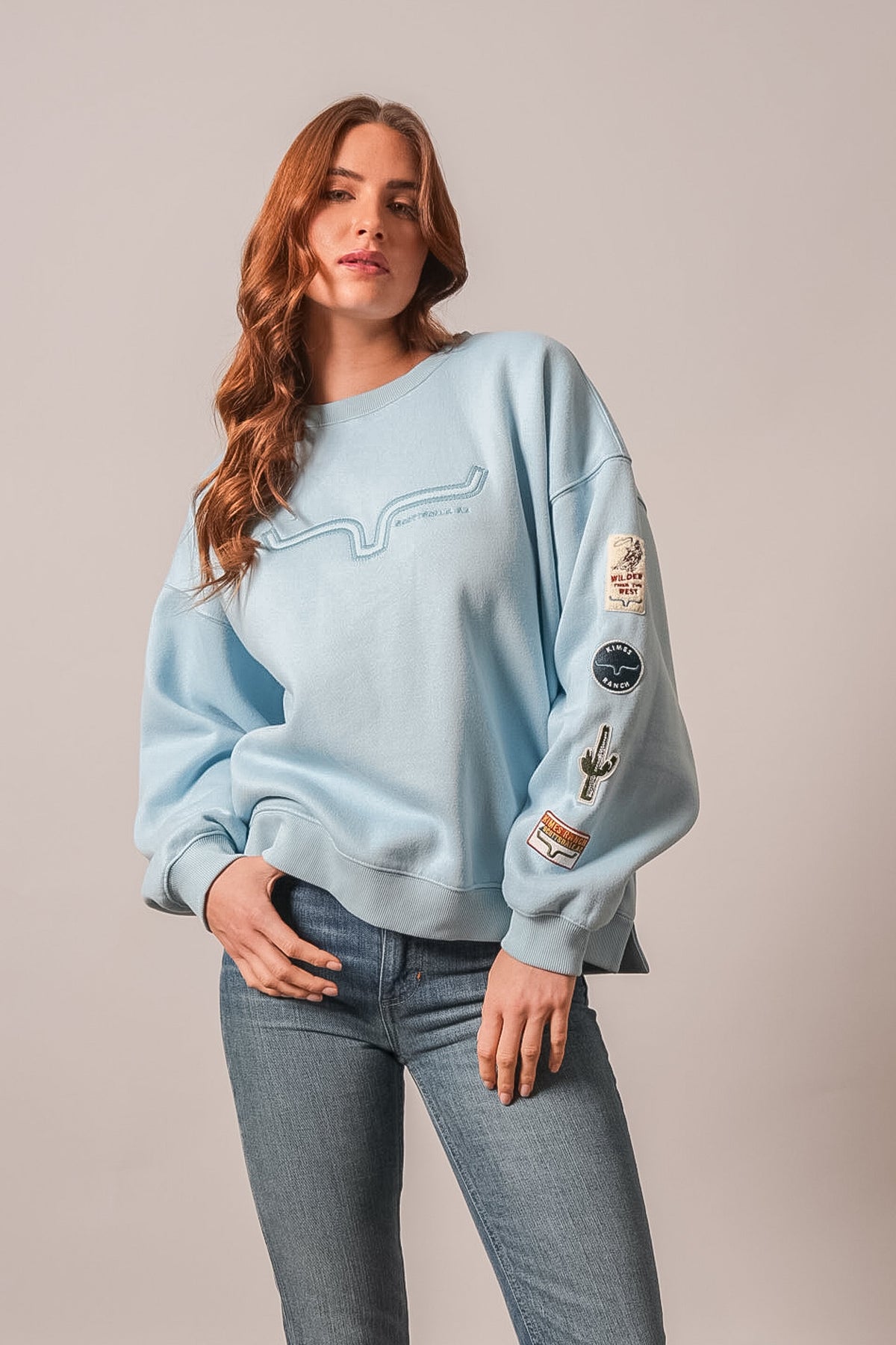 Kimes Ranch Saguaro Patch Sweatshirt in Faded Denim with embroidered chest logo and sleeve patches