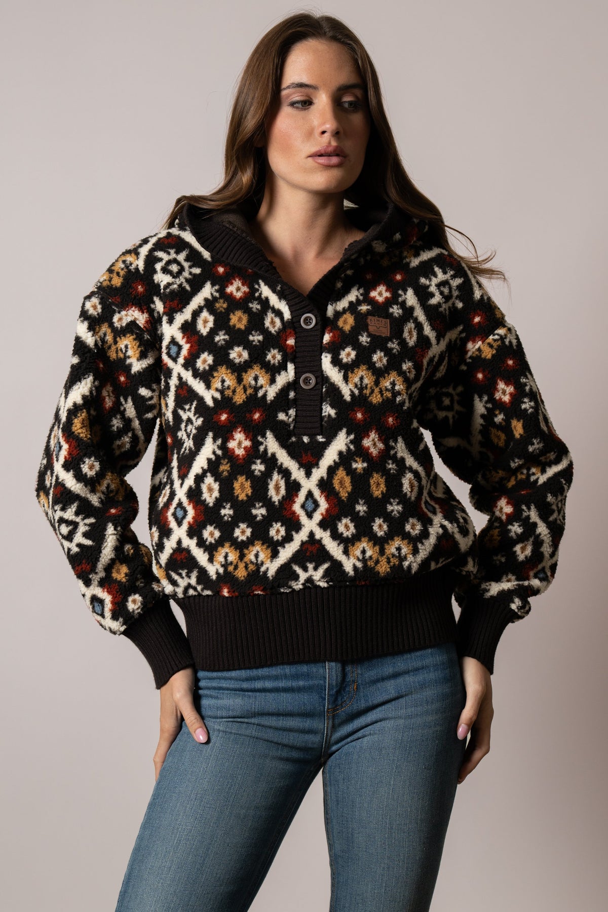 Kimes Ranch Shayla hoodie in Espresso, geometric knit pattern, buttoned placket, ribbed hem