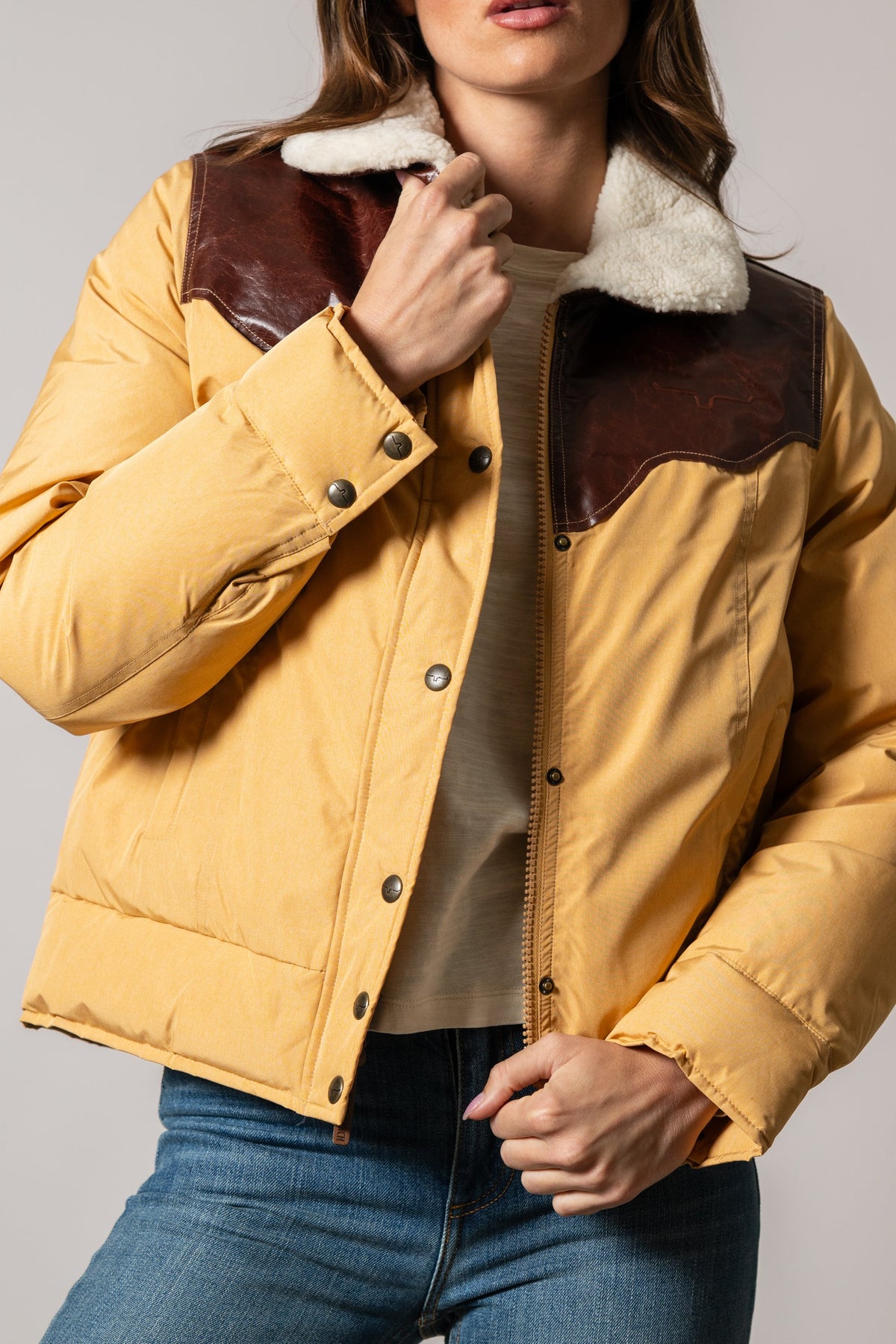 Kimes Ranch Sierra puffer jacket in Coffee with brown faux-leather yoke and sherpa collar, front view