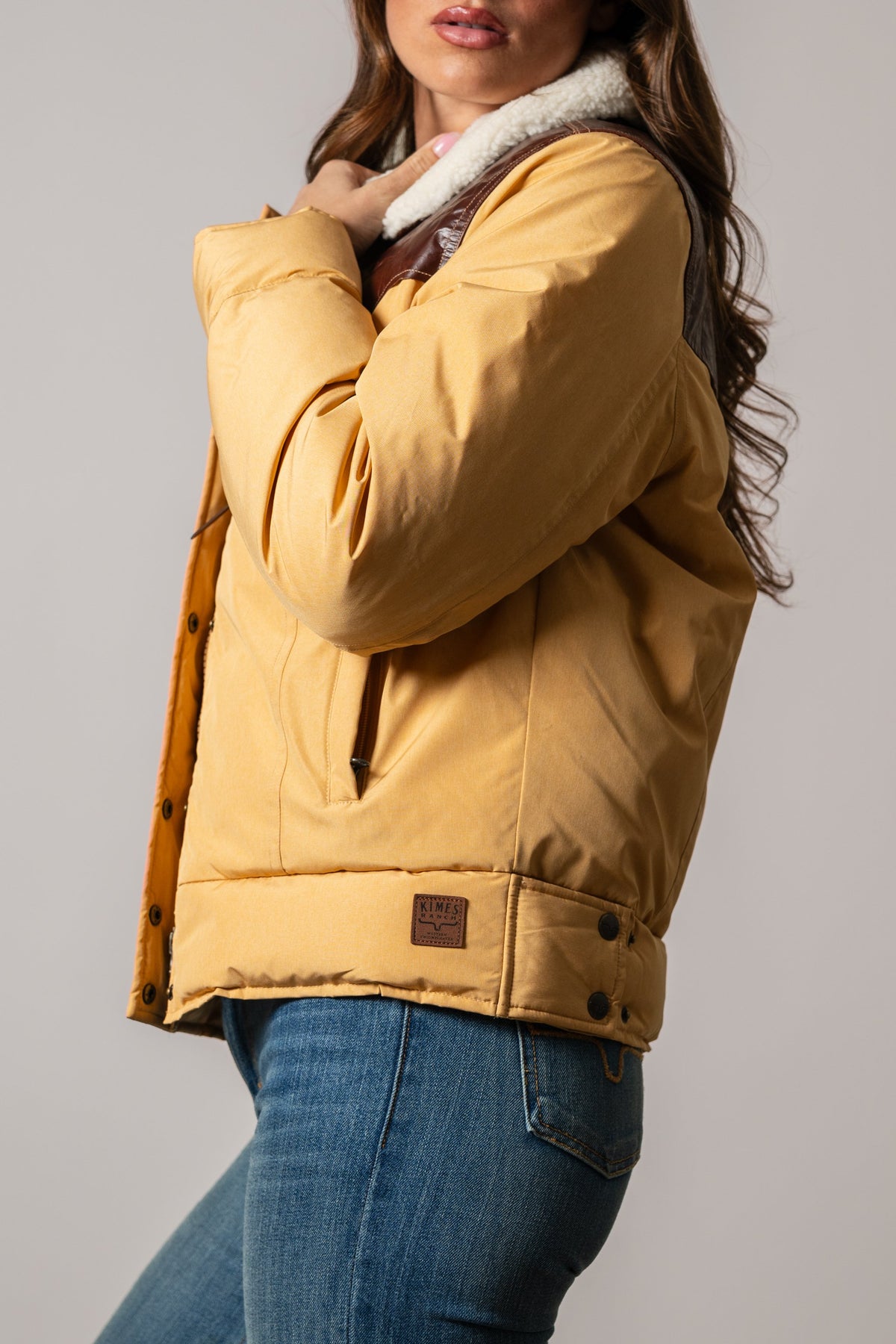 Kimes Ranch Sierra jacket in Coffee, featuring a sherpa-lined collar and long sleeves