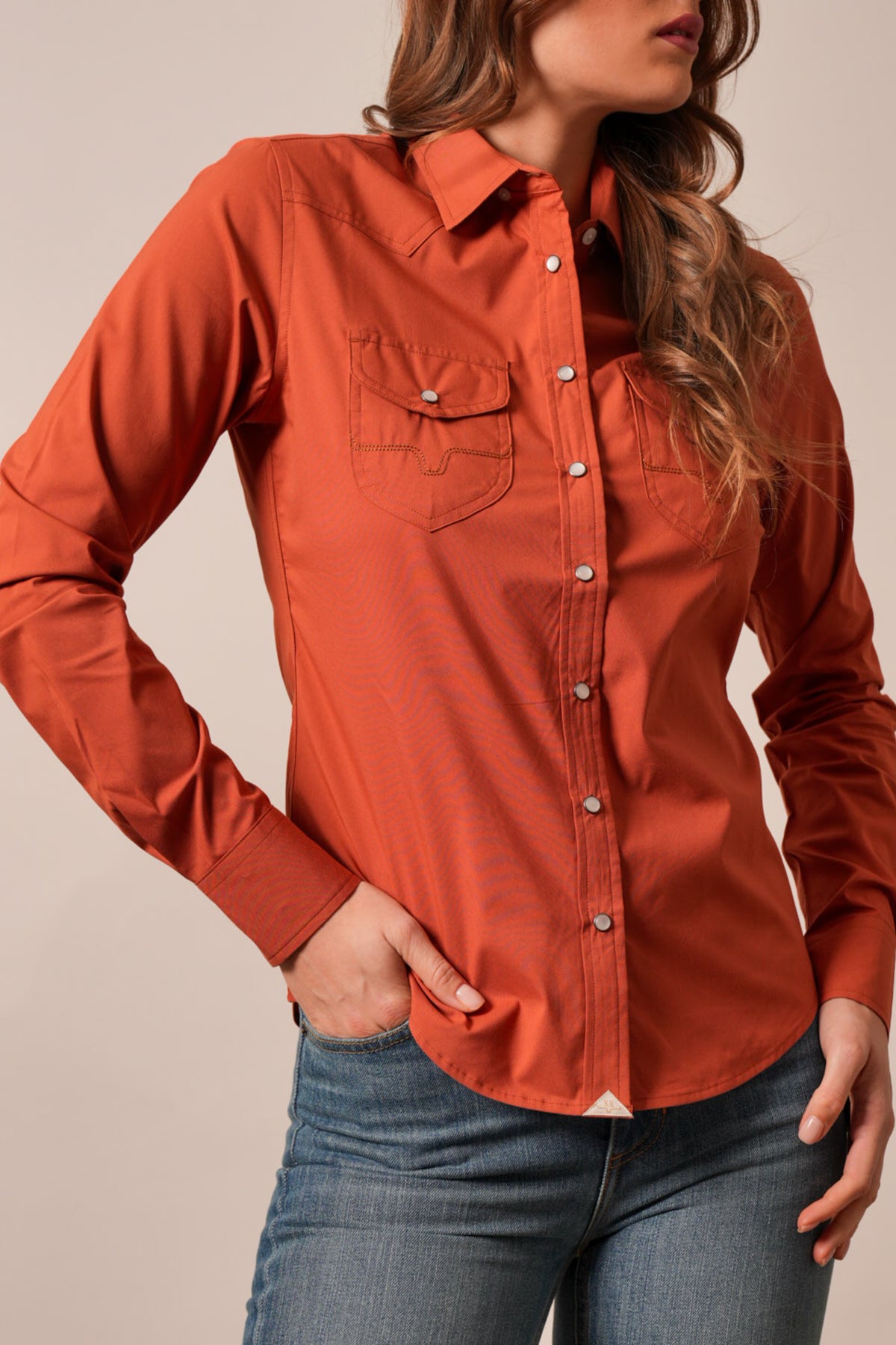 Kimes Ranch Skeeter women's Burnt Red long-sleeve western shirt with chest pockets and contrast stitching