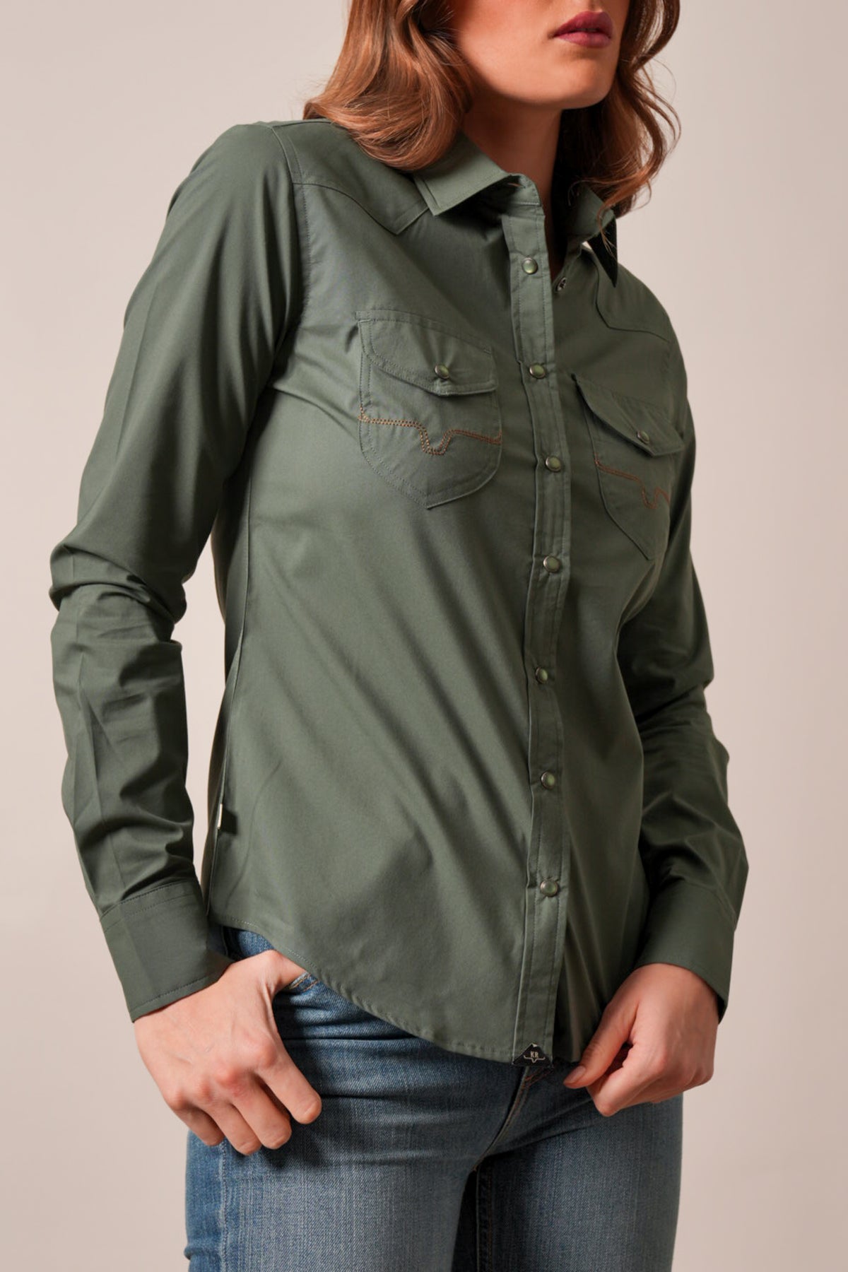 Kimes Ranch Skeeter long-sleeve top in Dark Olive with two chest pockets and contrasting stitching
