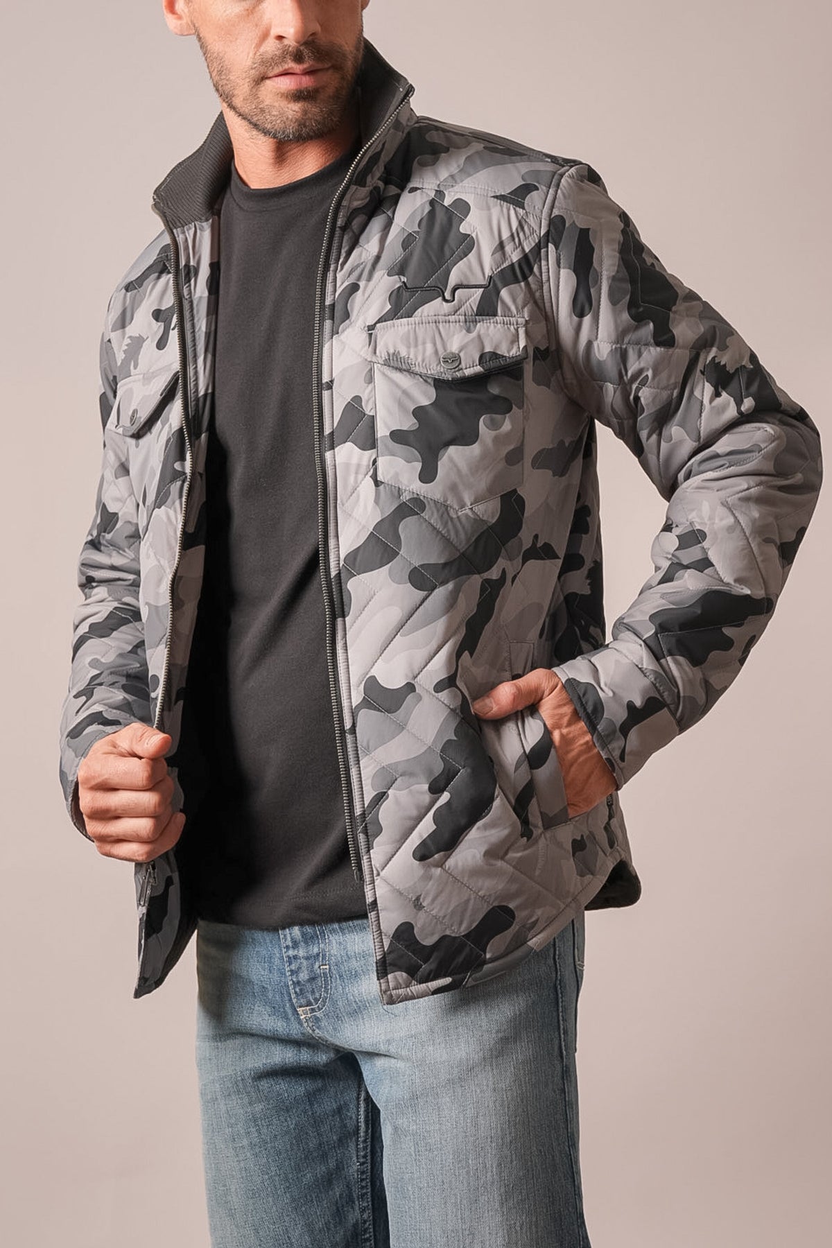 Kimes Ranch Skink charcoal camouflage jacket with quilted diagonal stitching, zip front, and flap pockets