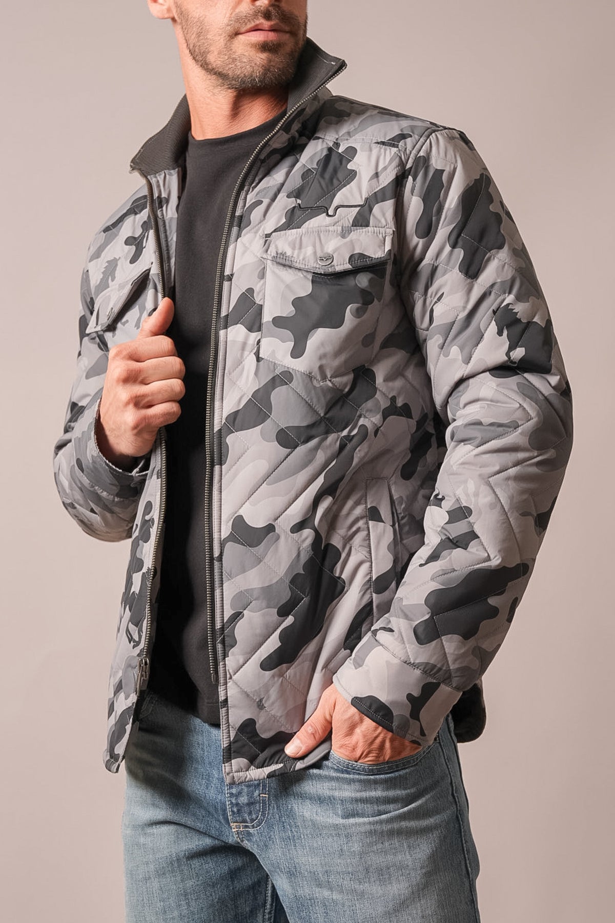 Kimes Ranch Skink charcoal camouflage jacket with zip front, flap pocket, and quilted lining