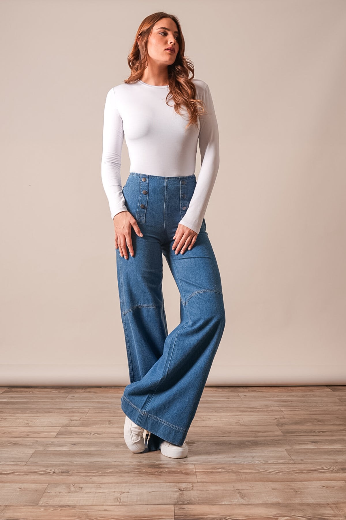 Kimes Ranch Sofie high waist indigo wide leg jeans with four button closure
