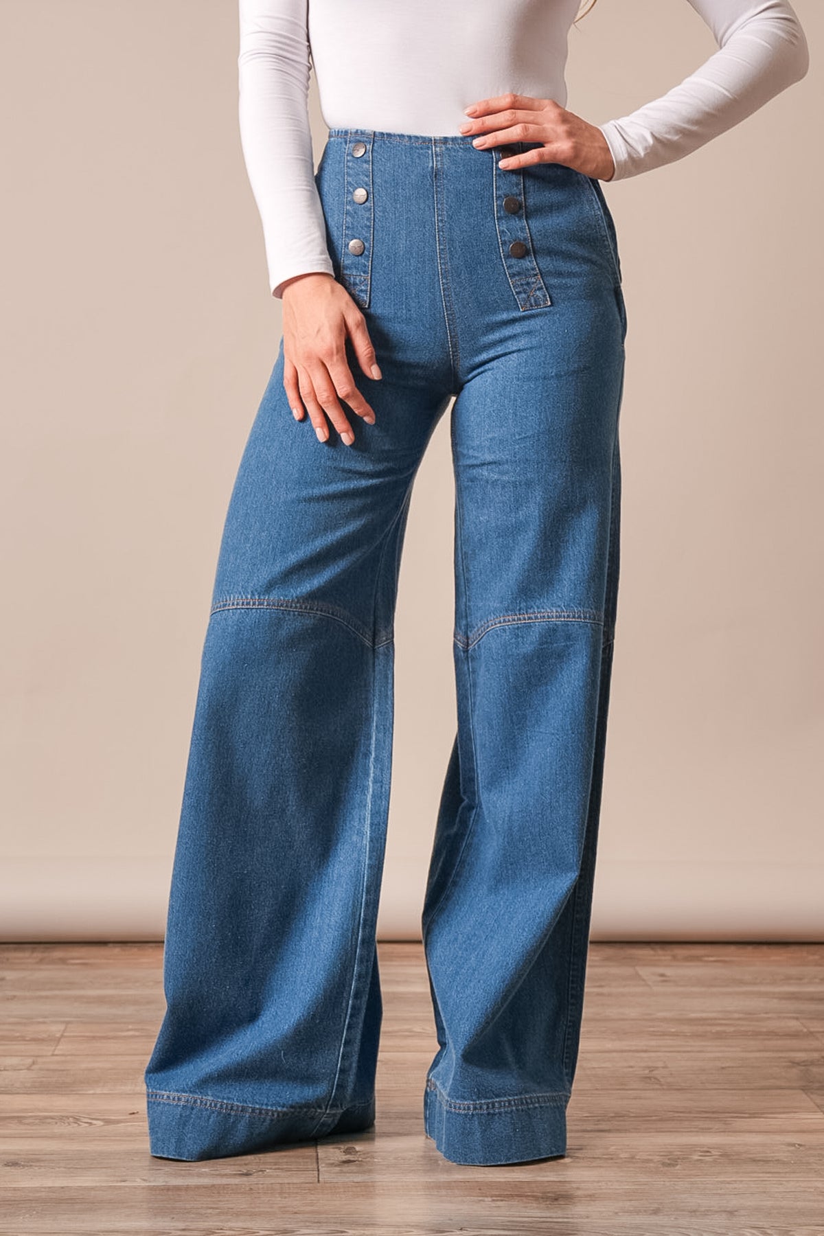 Kimes Ranch Sofie jeans, indigo, wide leg with button fly, front view