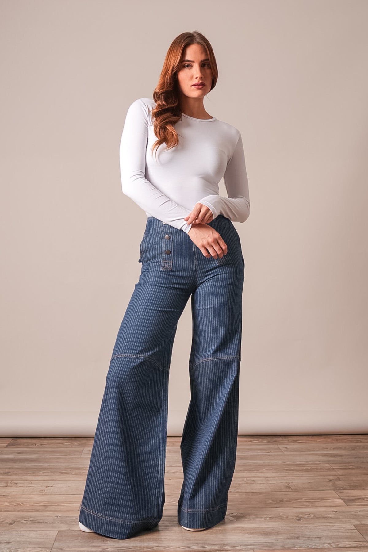 Kimes Ranch Sofie blue Mini Stripe jeans with high waist, three-button closure, wide-leg silhouette and front pockets