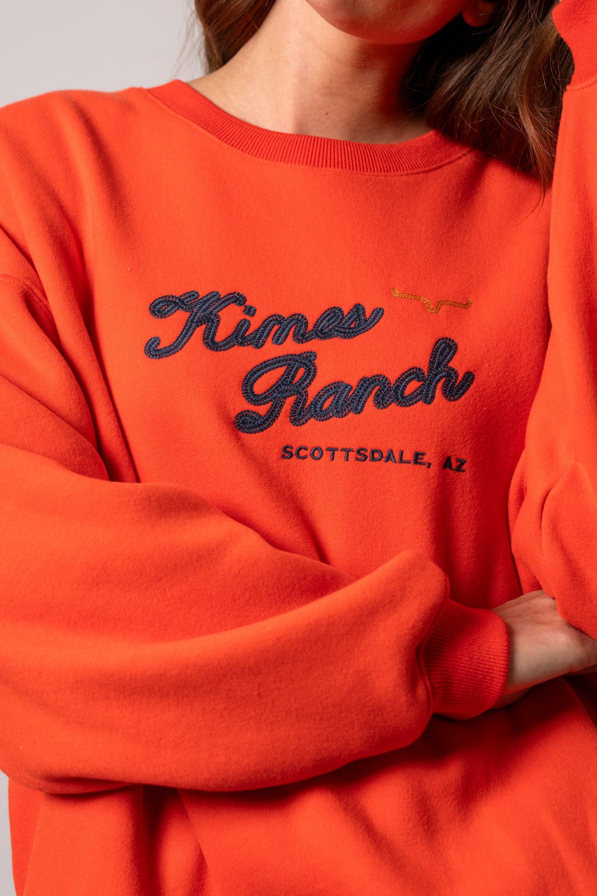 Kimes Ranch Solana Sweatshirt in Fire with embroidered "Kimes Ranch" script and "SCOTTSDALE, AZ"