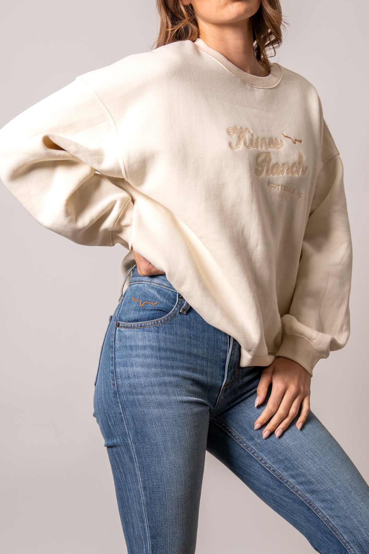 Kimes Ranch Solana Natural sweatshirt with crew neck, long sleeves, and embroidered logo