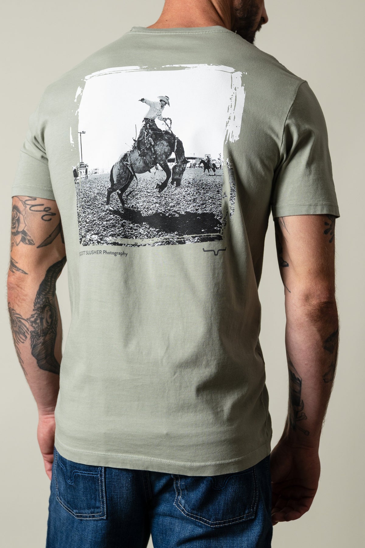 Kimes Ranch Sage SS Bronc Ride short sleeve tee back with bronc graphic; #color_sage