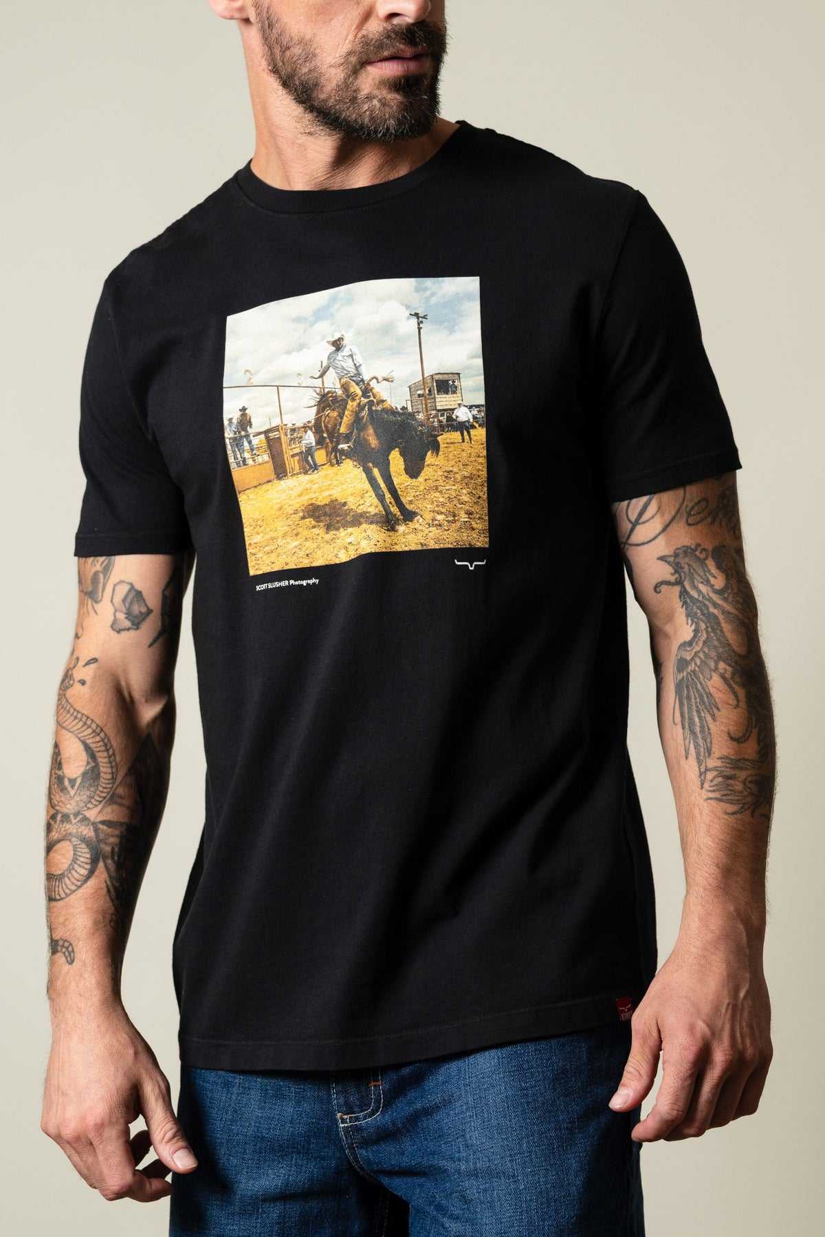 Kimes Ranch SS Classic Event black short sleeve shirt with a rodeo photo graphic print; #color_black
