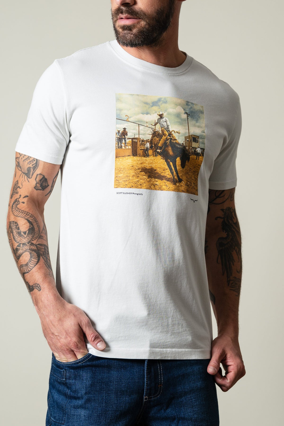 Kimes Ranch SS Classic Event Natural shirt with rodeo graphic, "Scott Slusher Photography" text, Kimes Ranch logo; #color_natural