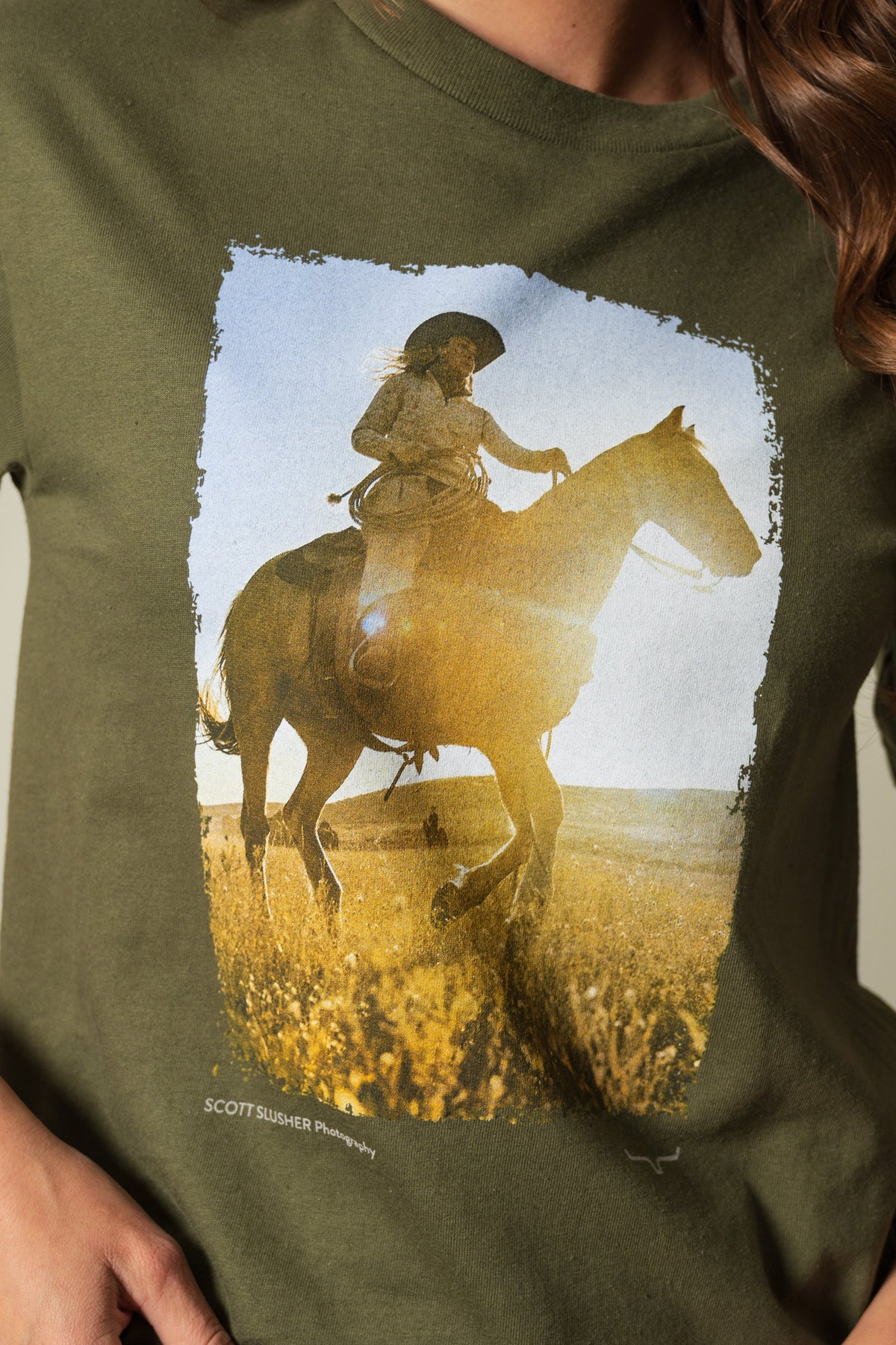 Kimes Ranch SS Riding Sunshine military green shirt with graphic of person riding horse, SCOTT SLUSHER Photography; #color_military green