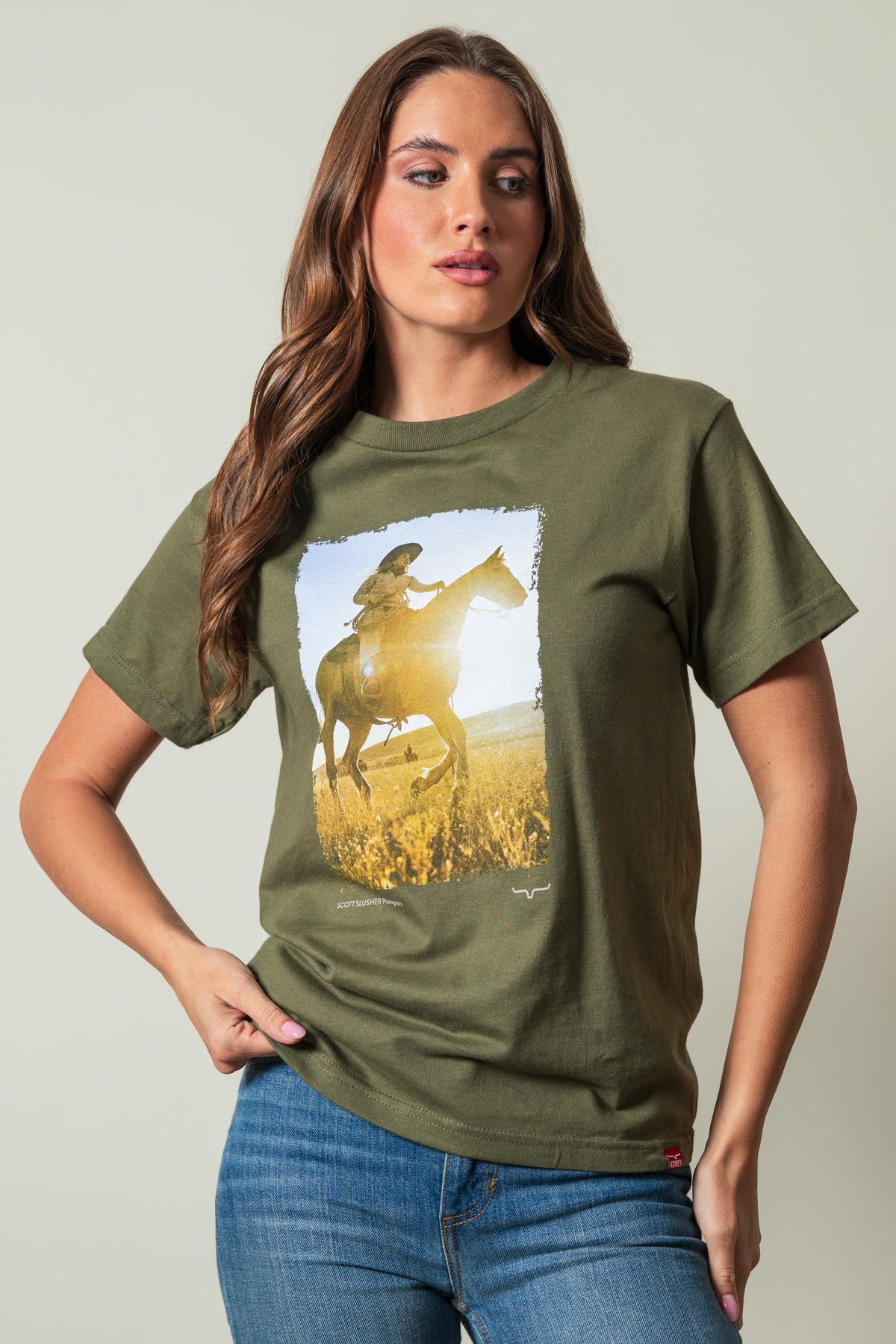 Kimes Ranch SS Riding Sunshine shirt in military green featuring a photo print of a rider on a horse in a field; #color_military green