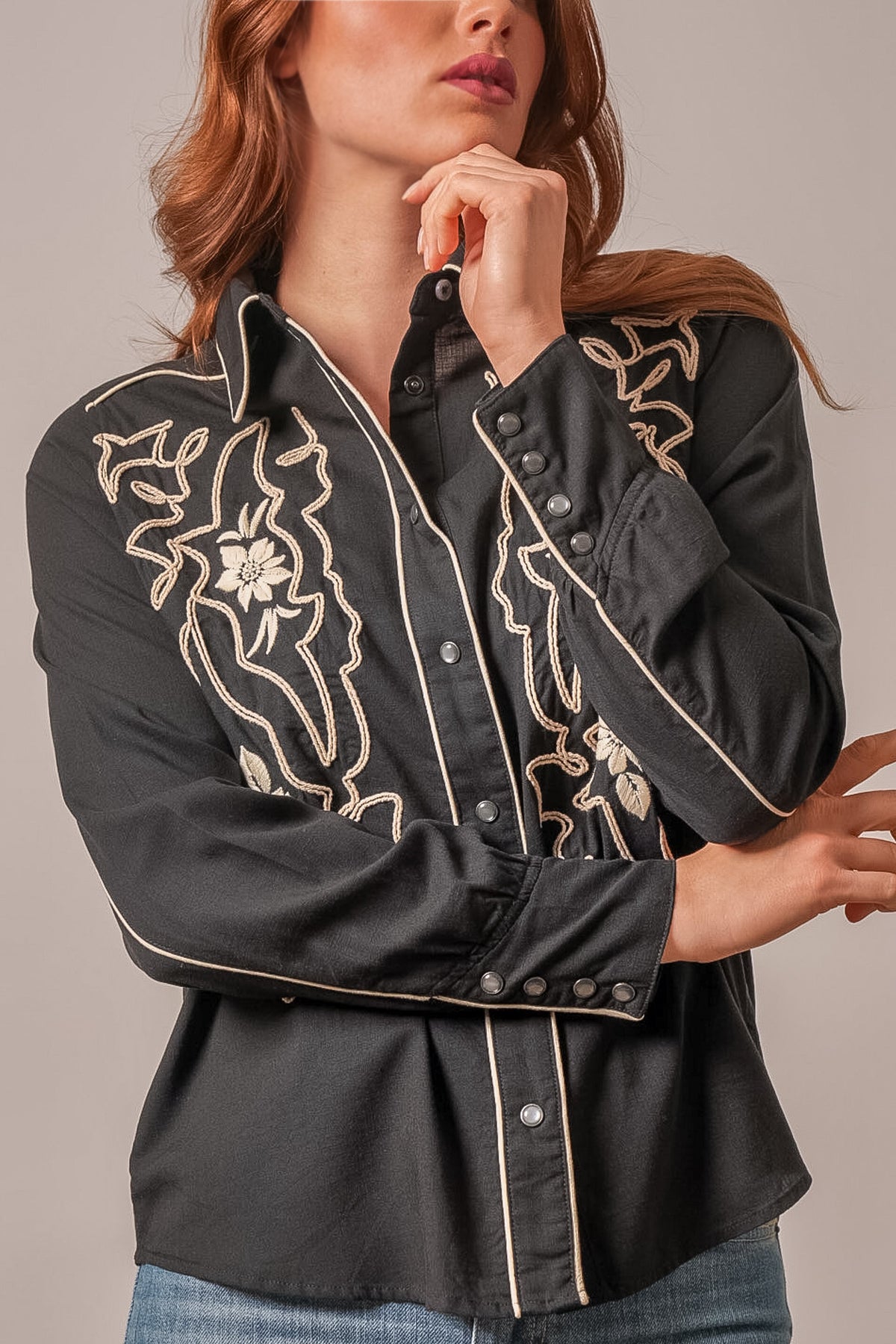 Kimes Ranch Stevie top in Black with cream floral embroidery and contrast stitching