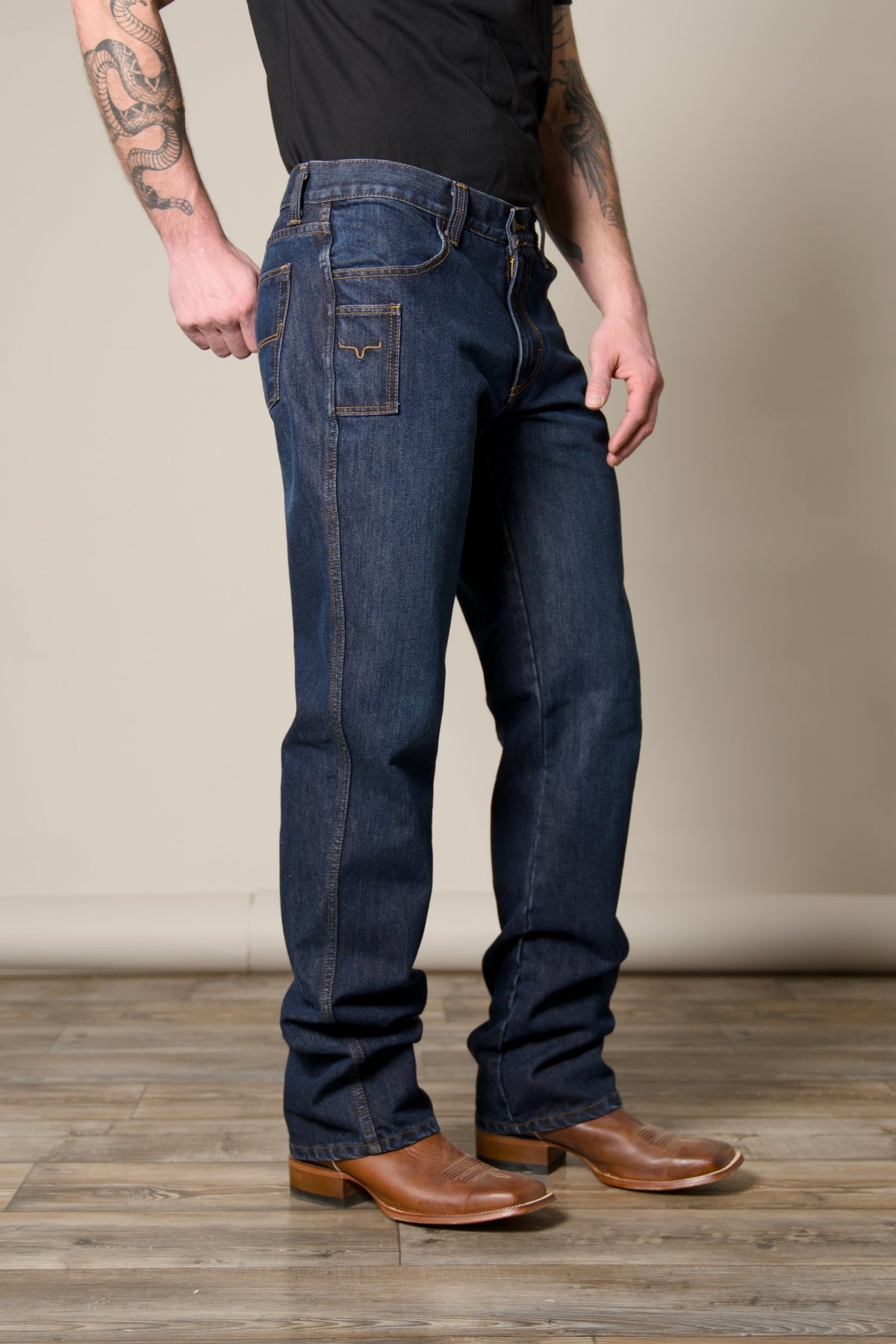 Watson men's dark wash bootcut jean with knife pocket; #color_dark wash