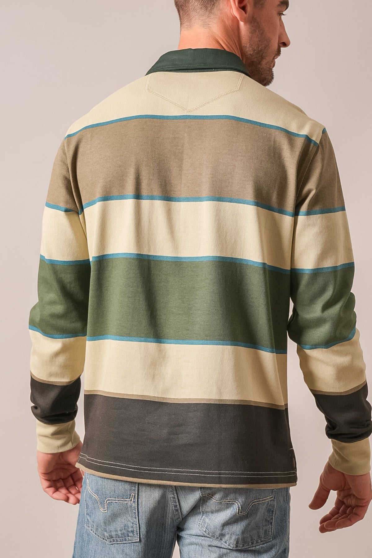 Kimes Ranch York men's polo, back, wide horizontal stripes in army green, tan, and blue with a solid green collar