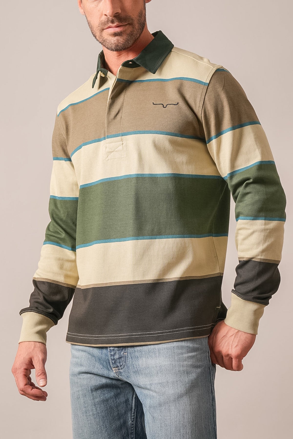 Kimes Ranch York long sleeve polo shirt, Army Green with beige, brown, and blue horizontal stripes