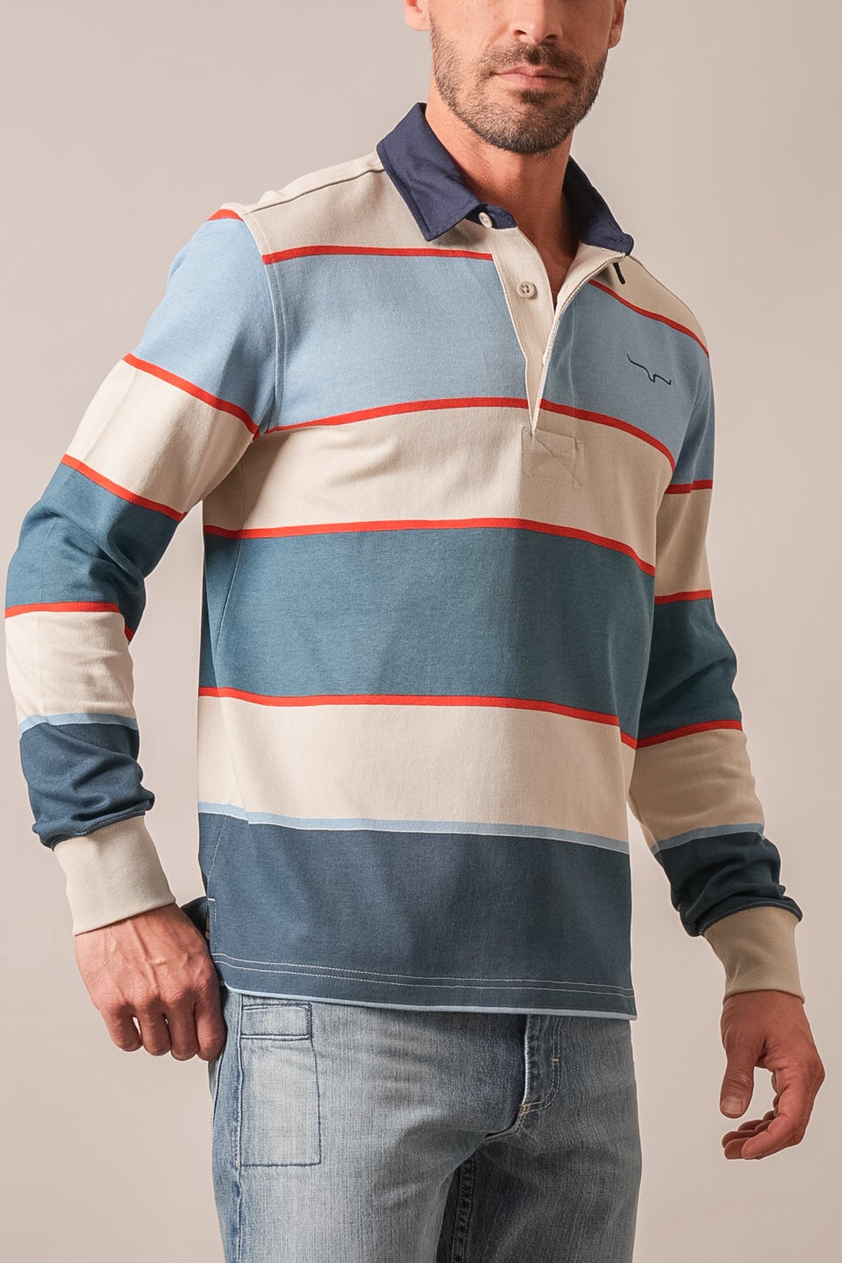 Kimes Ranch York long sleeve polo in Mid Blue with wide cream, navy, and orange stripes
