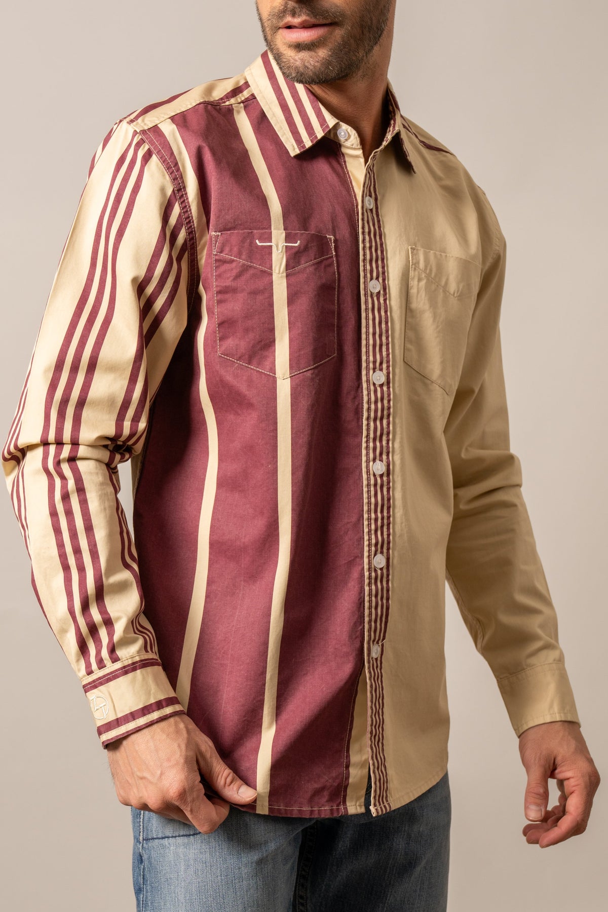 Kimes Ranch ZT 1 Arm Bandit long sleeve western shirt in maroon and khaki stripes