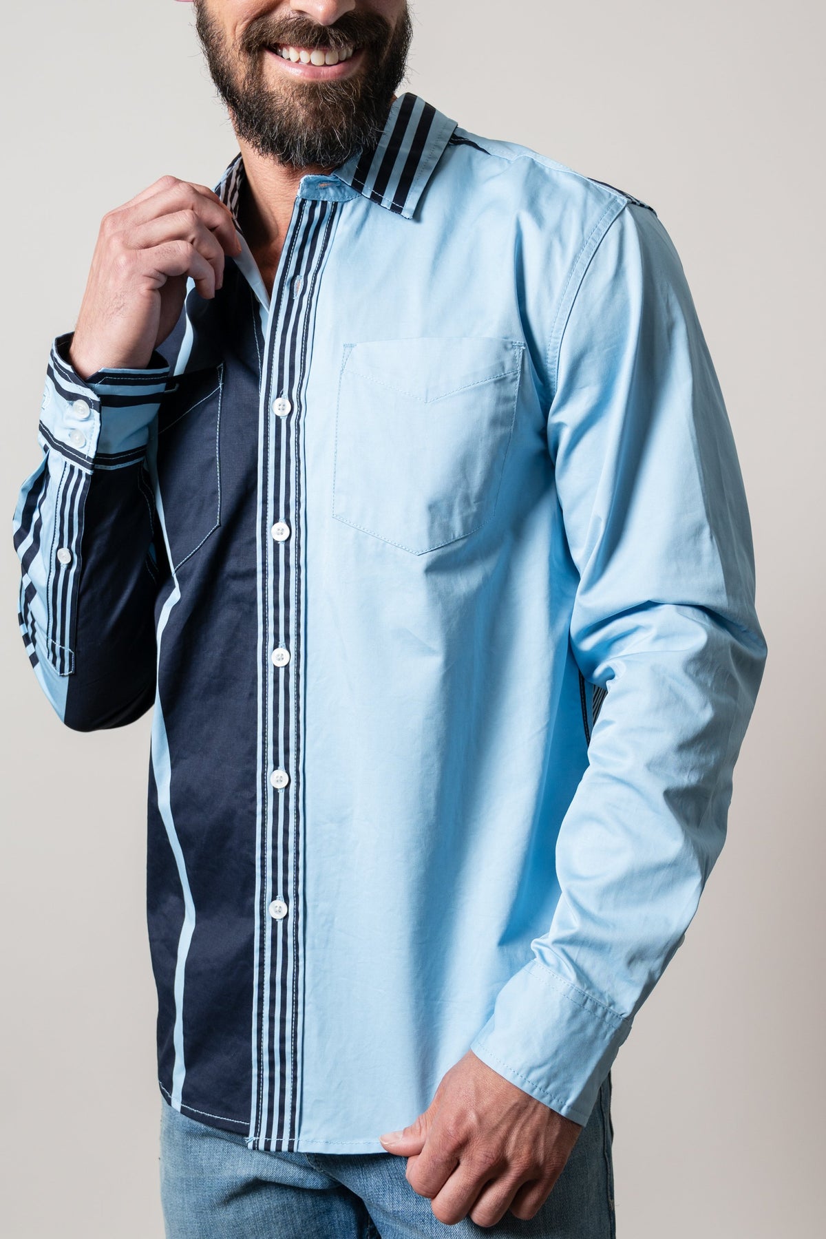 Kimes Ranch ZT 1 Arm Bandit light blue dress shirt with color-blocked navy panel and contrast striped placket