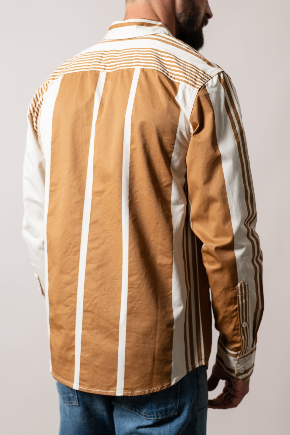 Kimes Ranch ZT 1 Arm Bandit long sleeve dress shirt back view in natural with wide tan panels