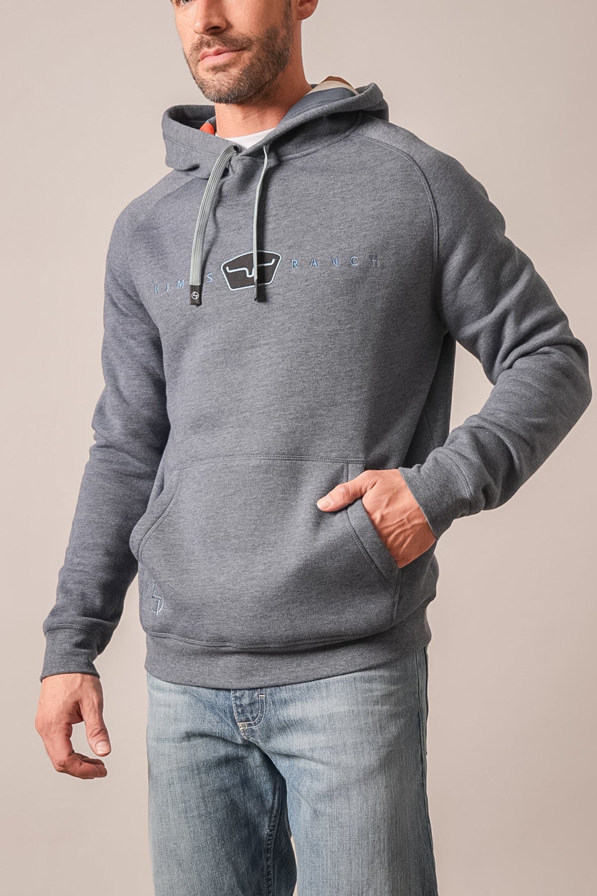 Kimes Ranch ZT Back Then navy heather men's hoodie with long sleeves and embroidered logo on chest