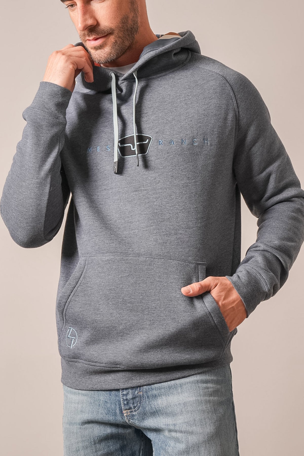 Kimes Ranch ZT Back Then hoodie in navy heather with front kangaroo pocket and embroidered Kimes Ranch logo on chest