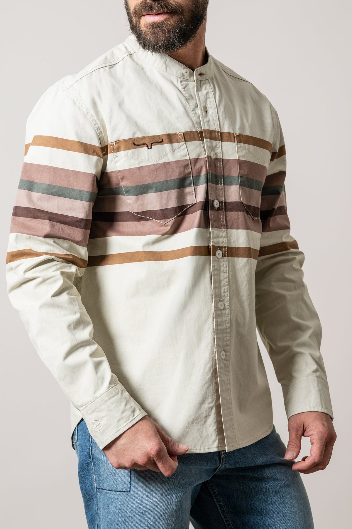 Kimes Ranch ZT Caliber long-sleeve dress shirt in army green with brown stripes and chest pockets