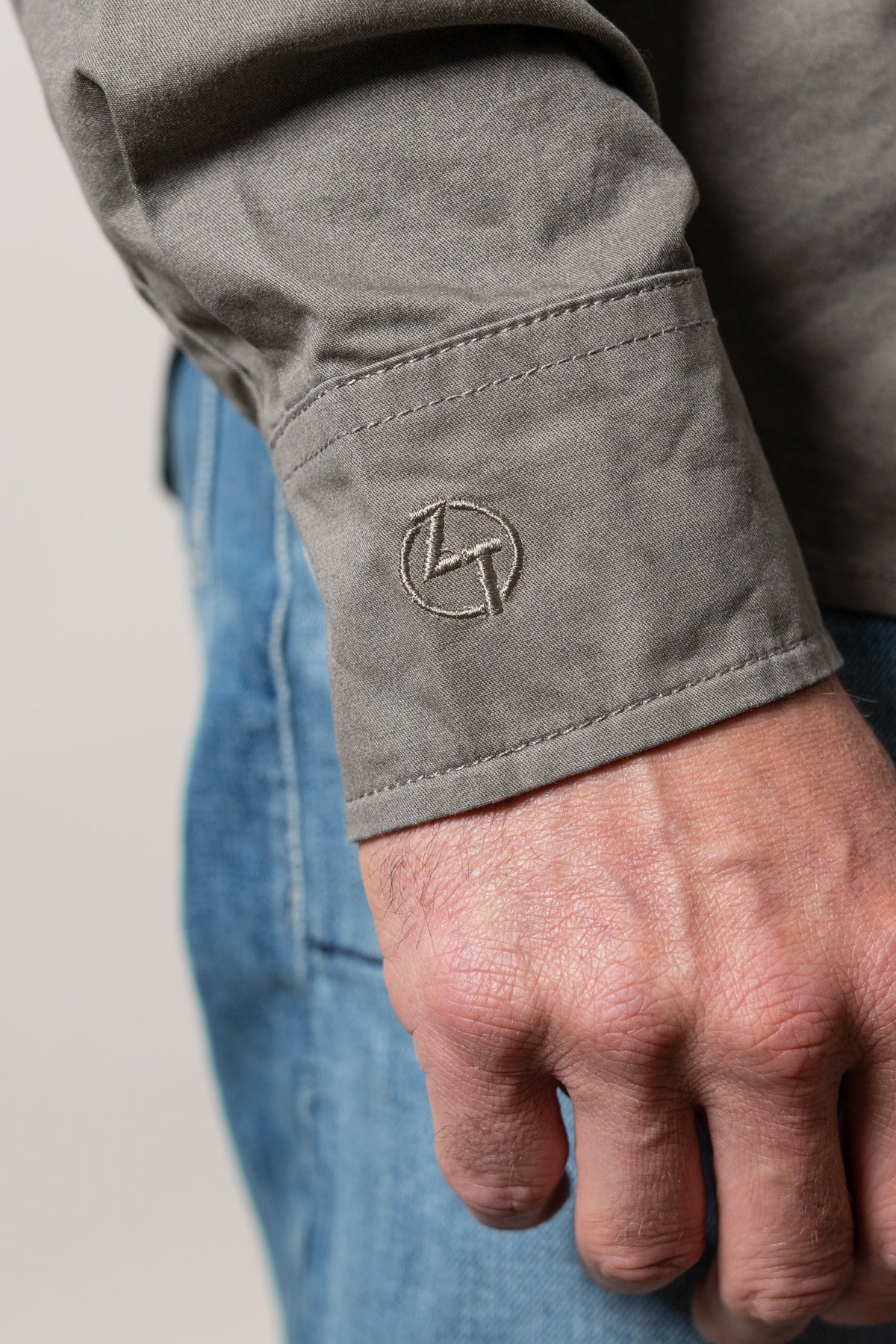 Kimes Ranch ZT Caliber dress shirt in Natural, showing the embroidered ZT Caliber logo on the cuff