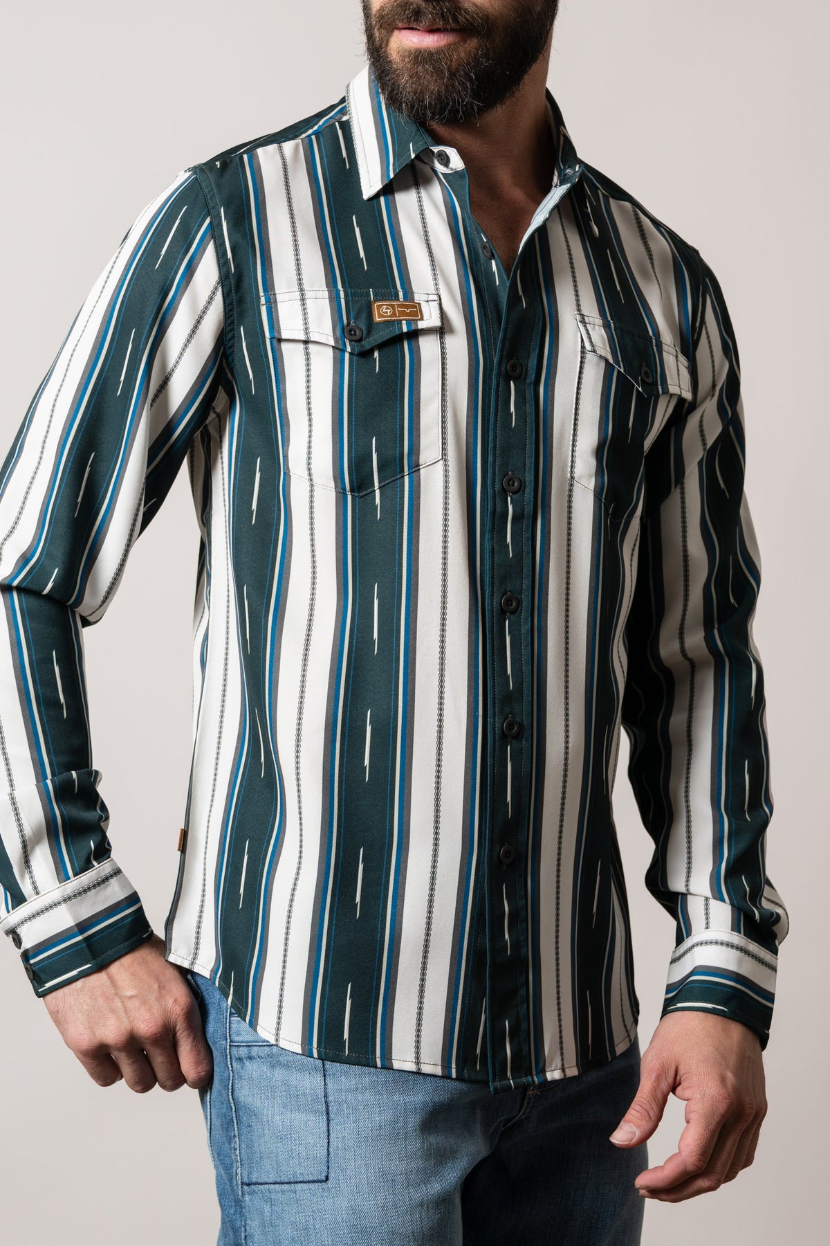 Kimes Ranch ZT Hickory long sleeve dress shirt in Forest with vertical stripes and chest pockets