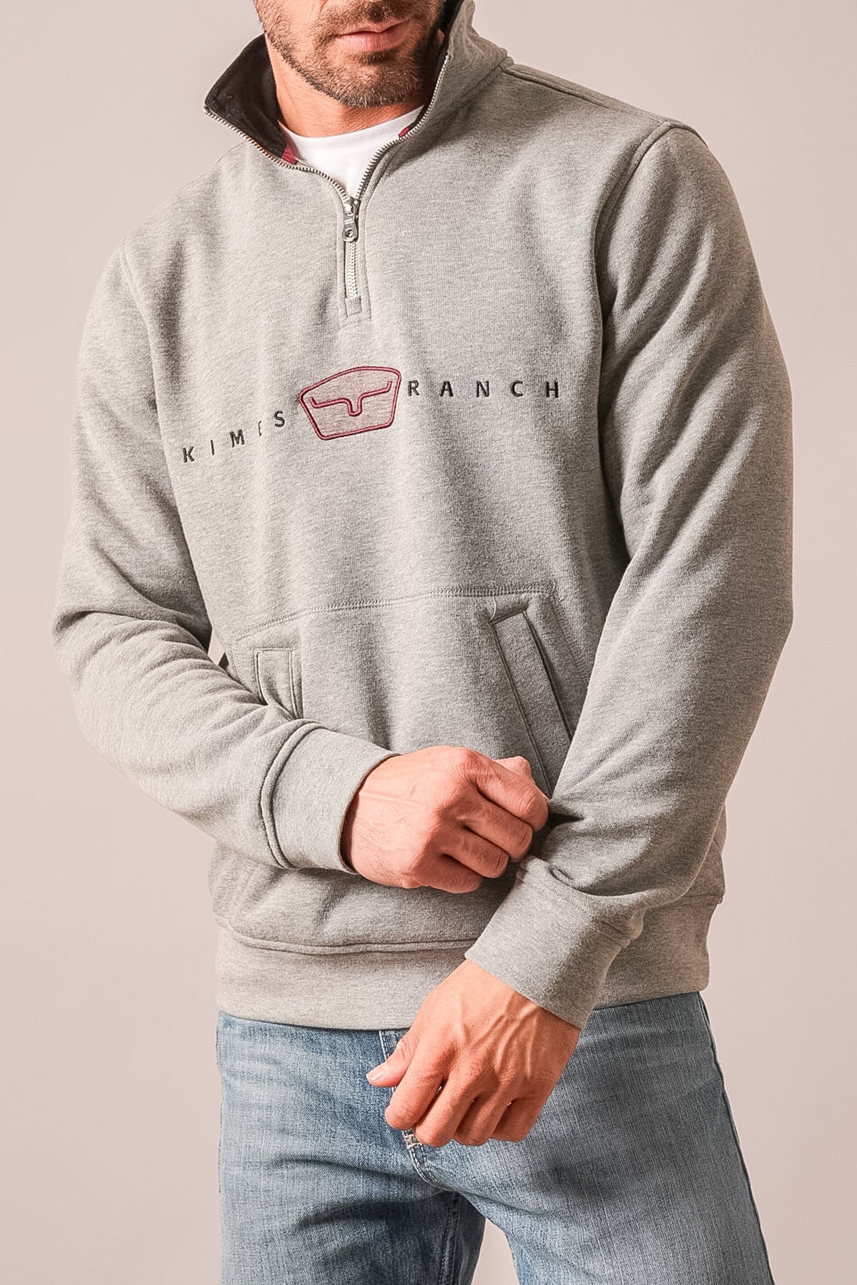 Kimes Ranch ZT Par Three sweatshirt in Dark Grey Heather, quarter-zip, kangaroo pocket, chest logo