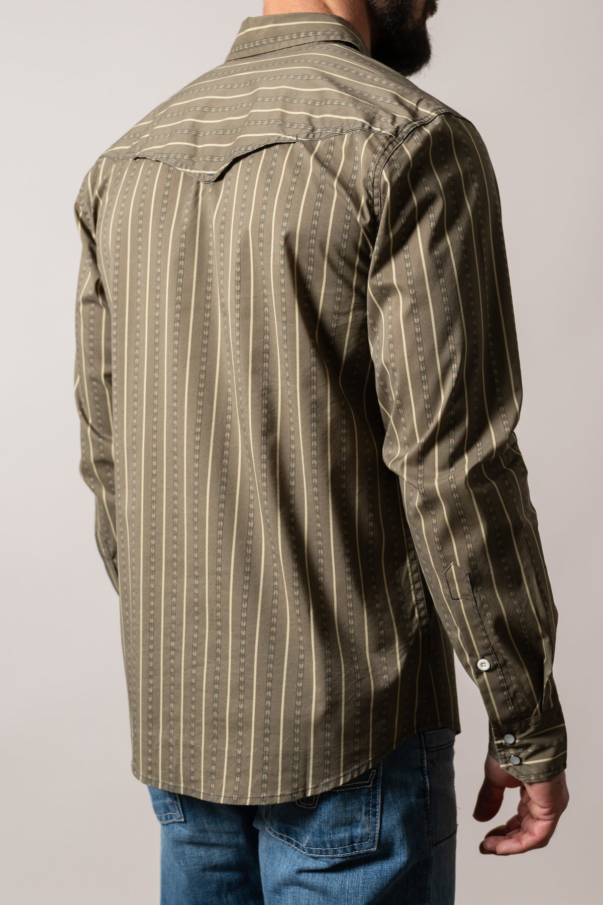 Kimes Ranch ZT Solano Army Green long sleeve dress shirt with vertical stripe pattern and yoke detail on back