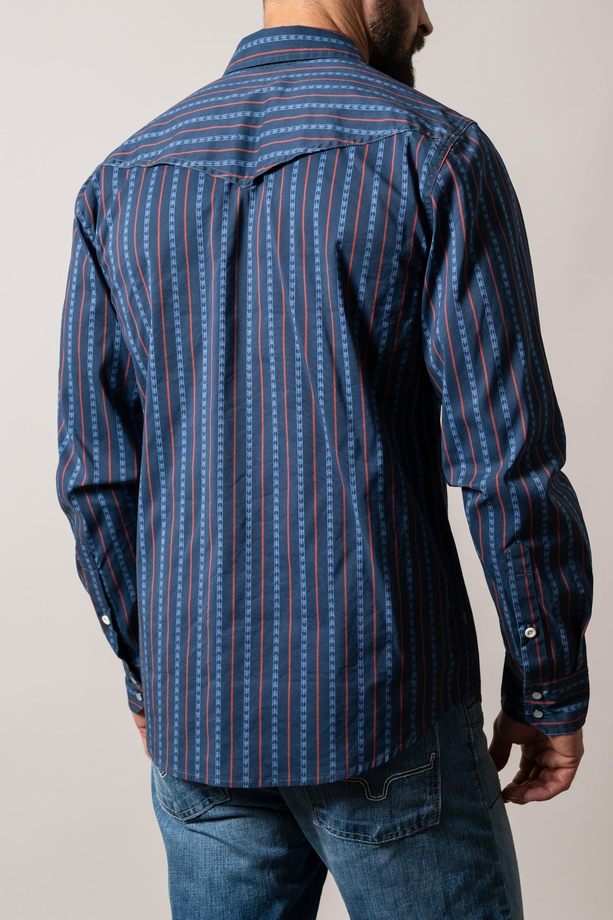Kimes Ranch ZT Solano dress shirt, long sleeve, back view, dark blue with red and light blue striped pattern