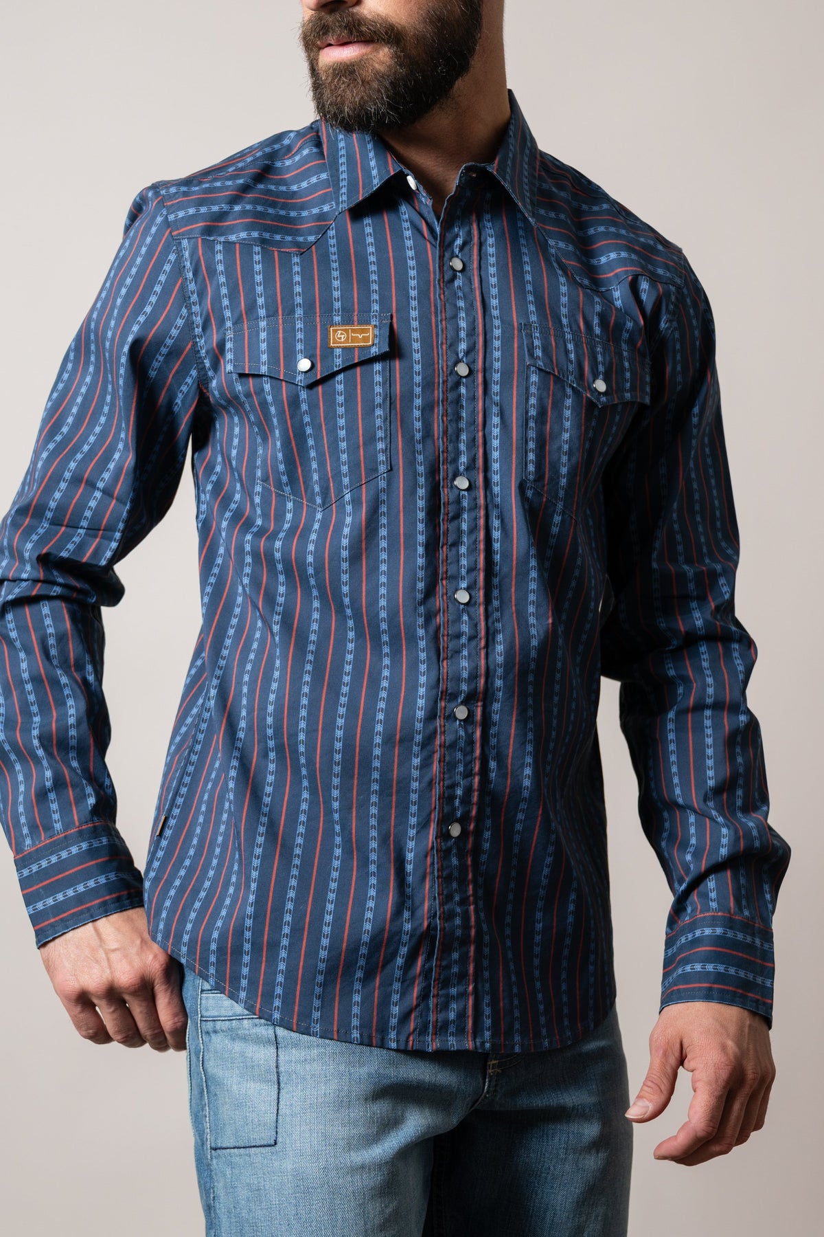 Kimes Ranch ZT Solano dark blue dress shirt with vertical stripe pattern, two chest pockets with flaps
