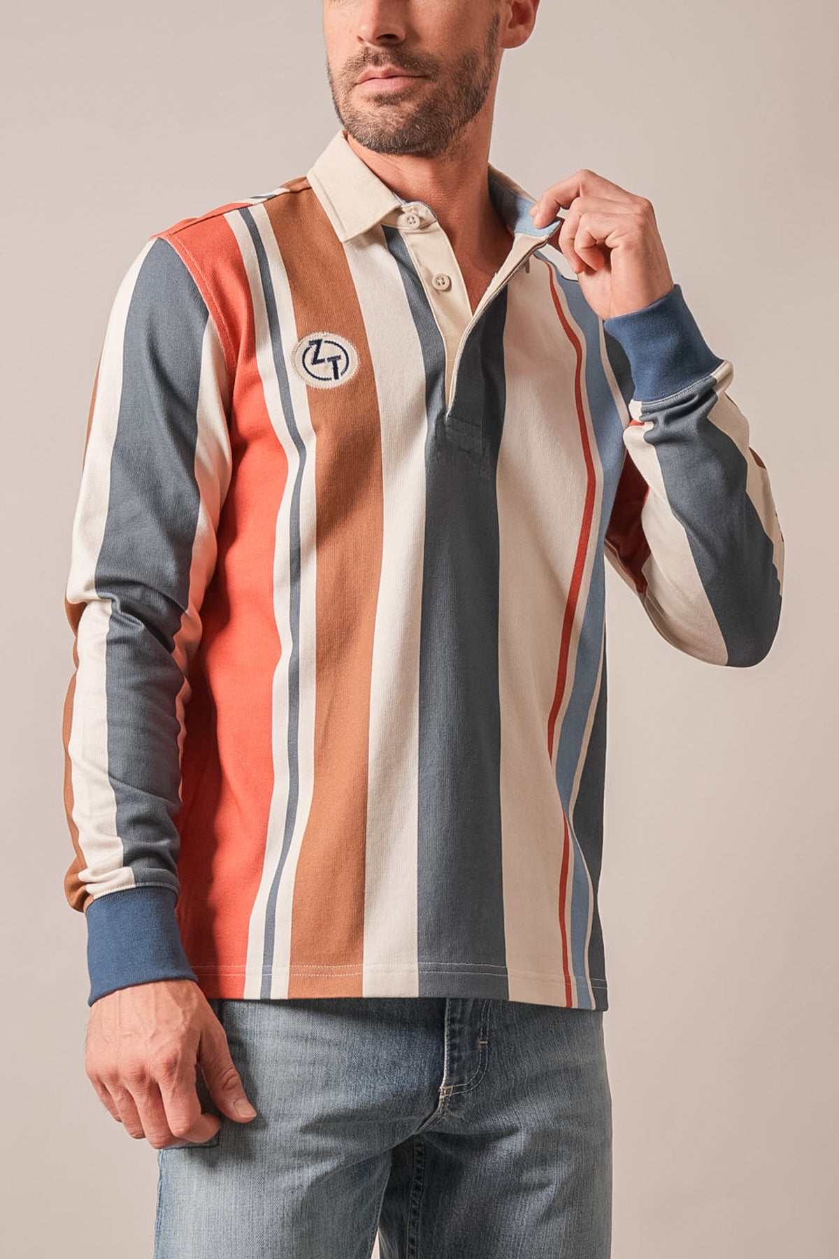 Kimes Ranch ZT Wyatt long sleeve polo in multicolor stripe with white collar, placket, cuffs and ZT logo patch