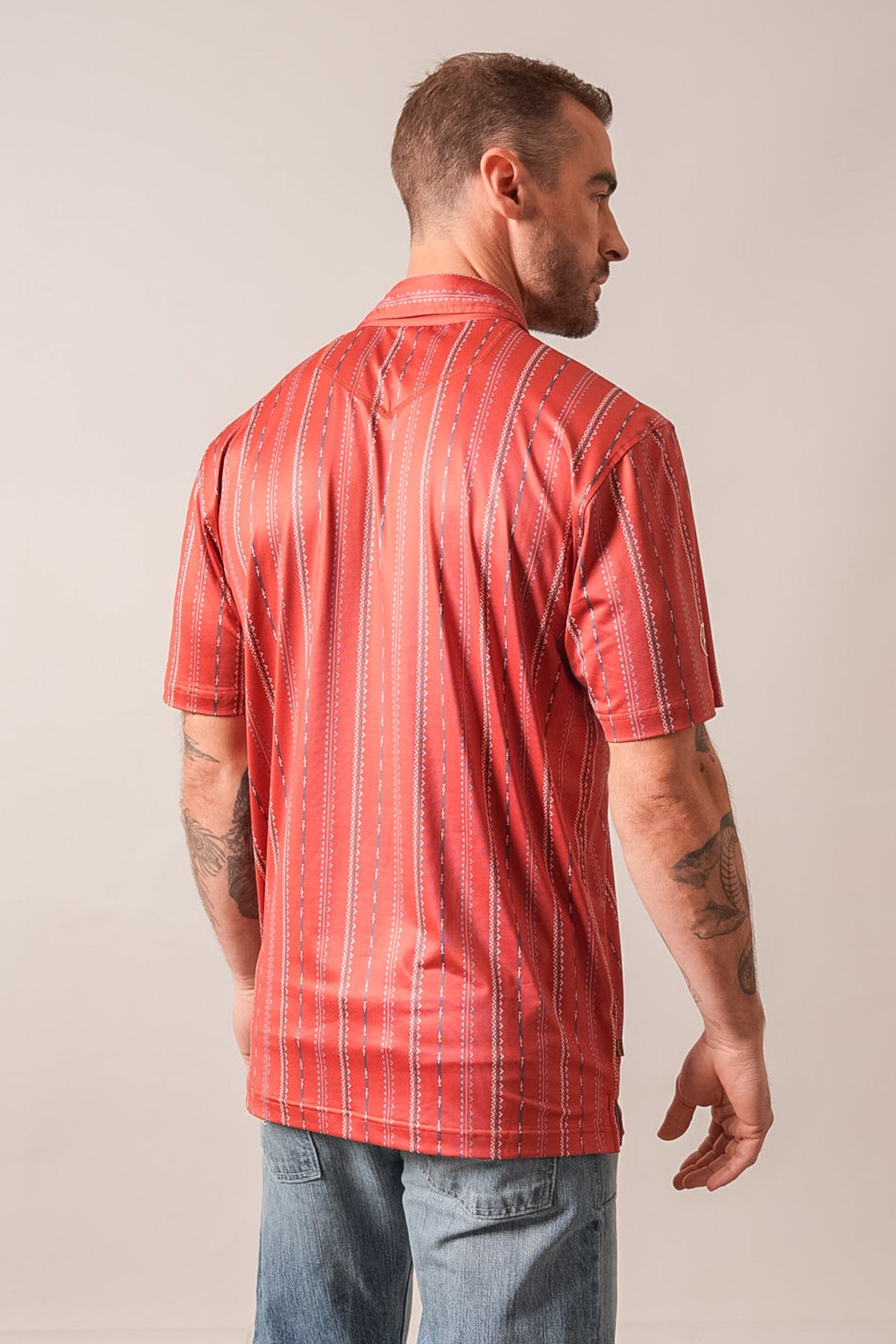 Kimes Ranch ZT Z-Stripe polo shirt, Brick Red, back view, short sleeves, vertical zebra stripes