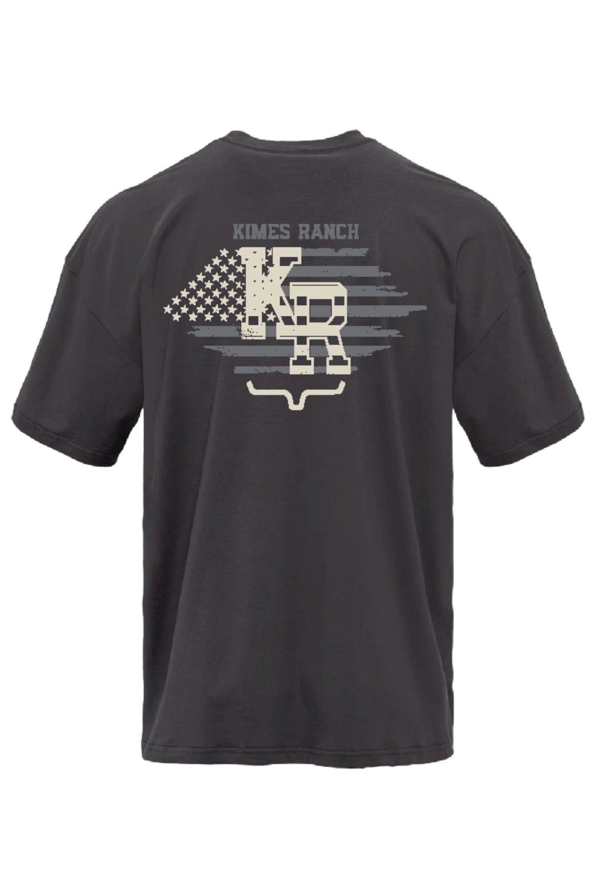 Kimes Ranch Red Glare shirt in Graphite Black with a back graphic featuring the Kimes Ranch logo over a distressed American; #color_graphite black