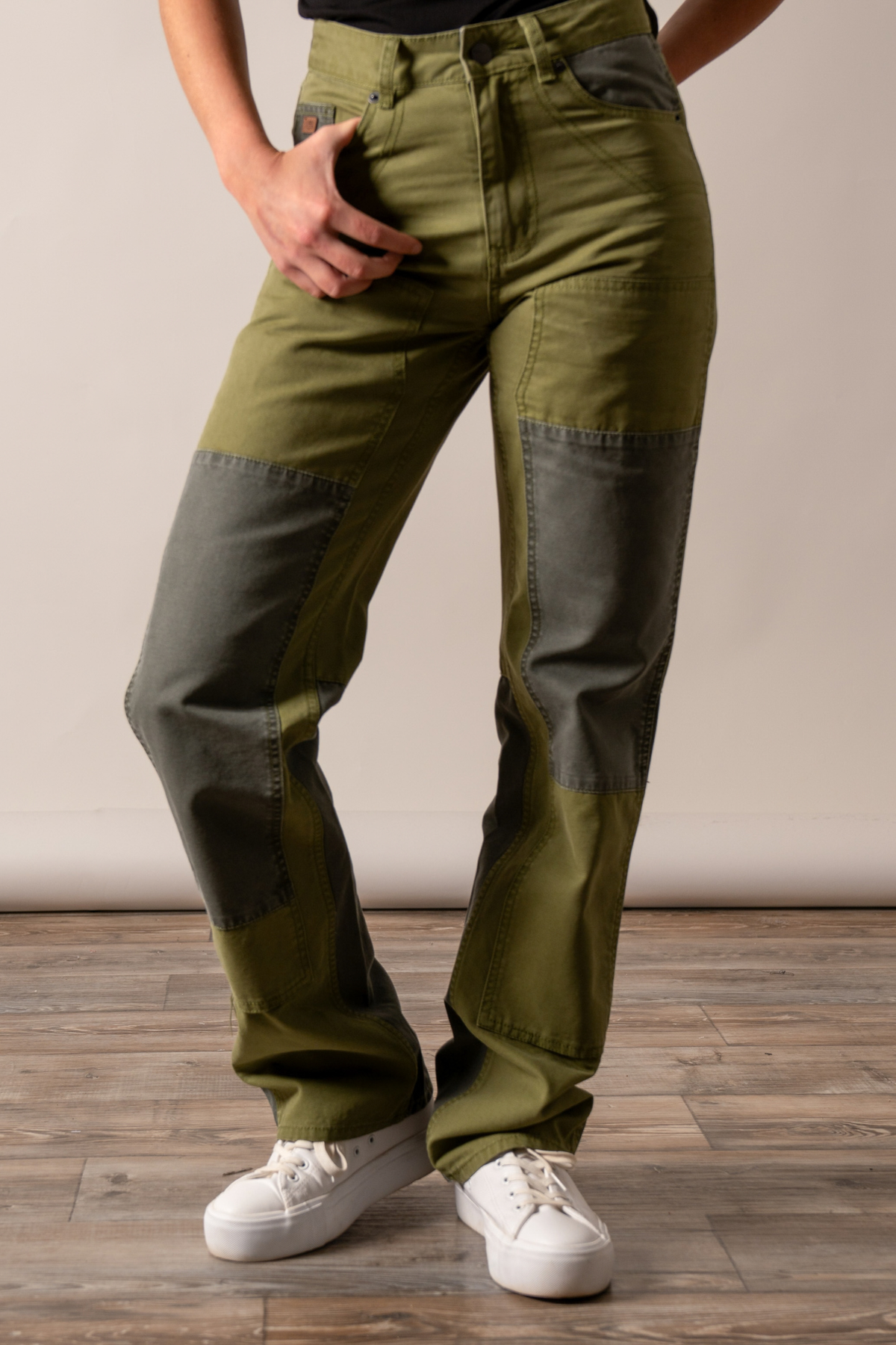 Kimes Ranch Sadona pants in Moss with olive green and grey paneling and front pockets