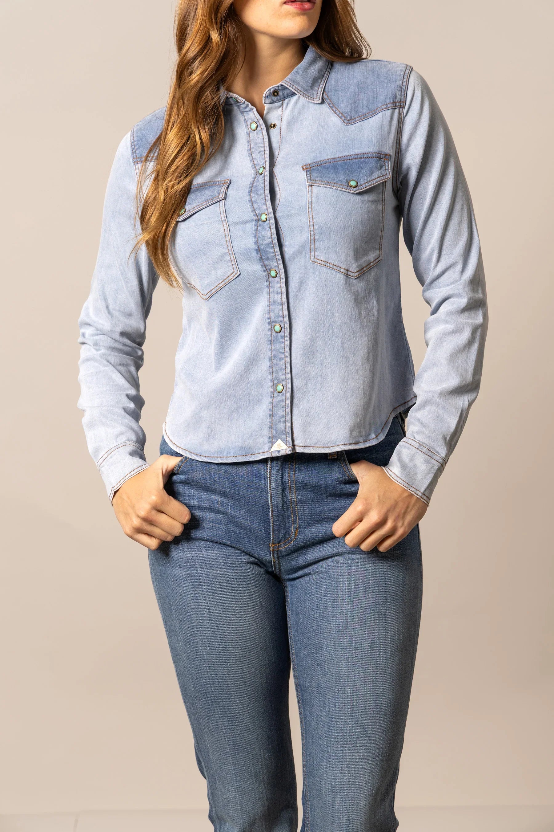 Rayna Denim Shirt | Tencel Snap Top with Contrast Yoke | Kimes Ranch