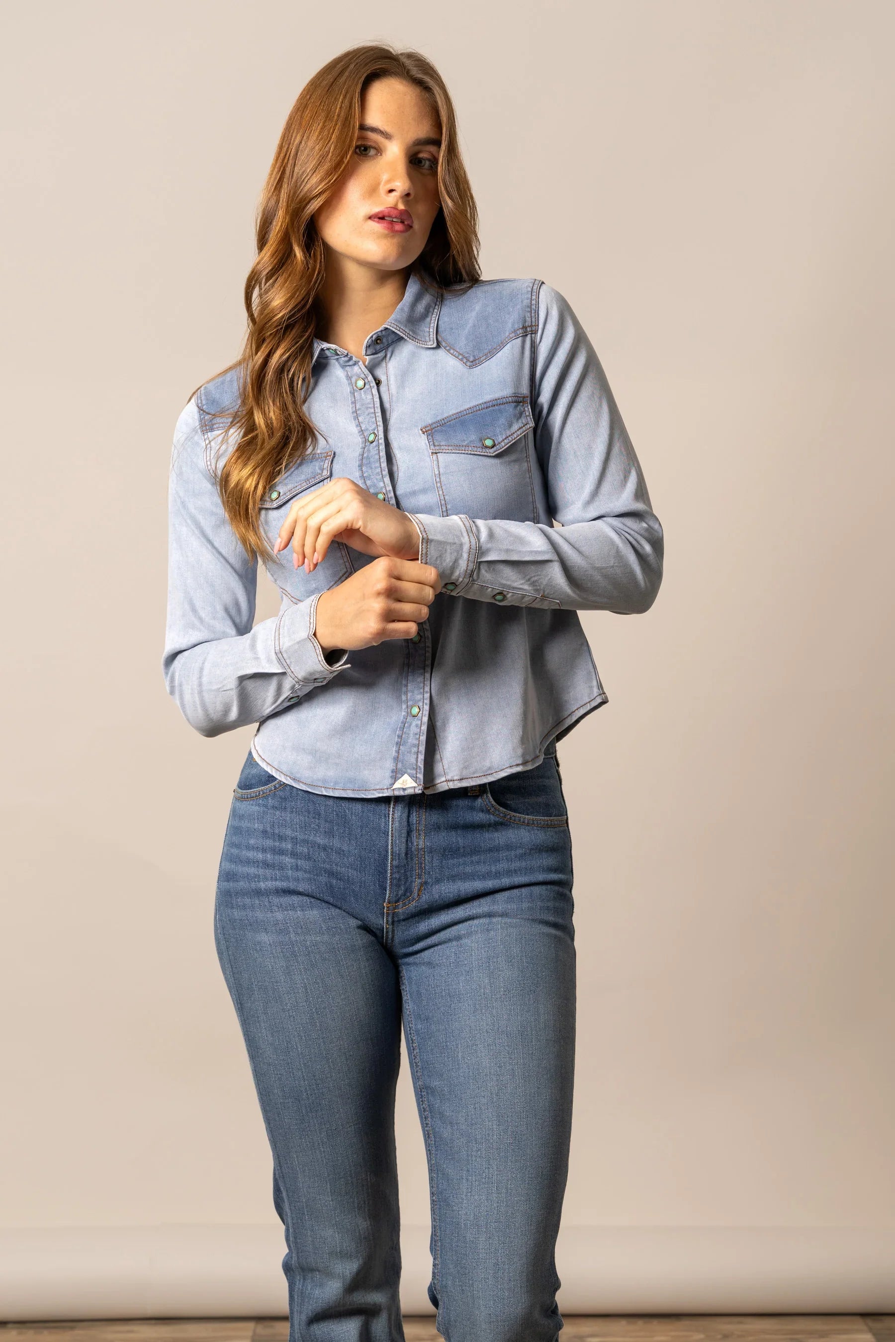 Rayna Denim Shirt | Tencel Snap Top with Contrast Yoke | Kimes Ranch