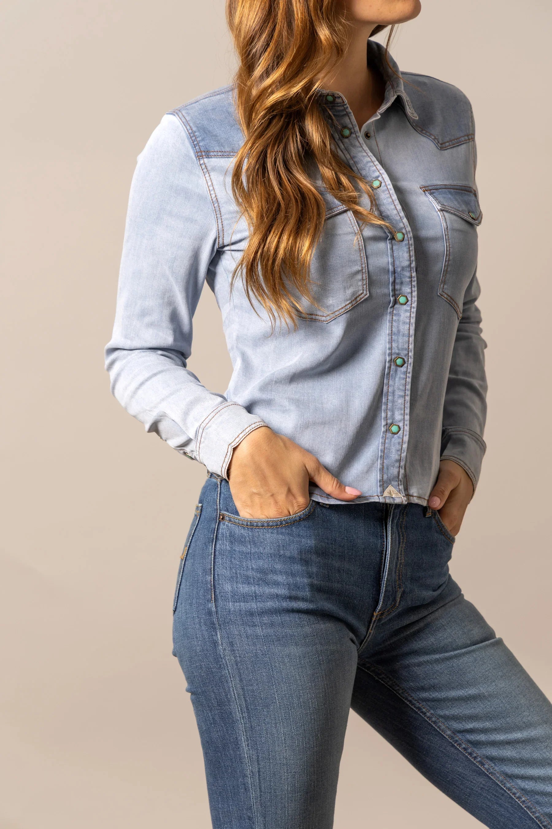 Rayna Denim Shirt | Tencel Snap Top with Contrast Yoke | Kimes Ranch