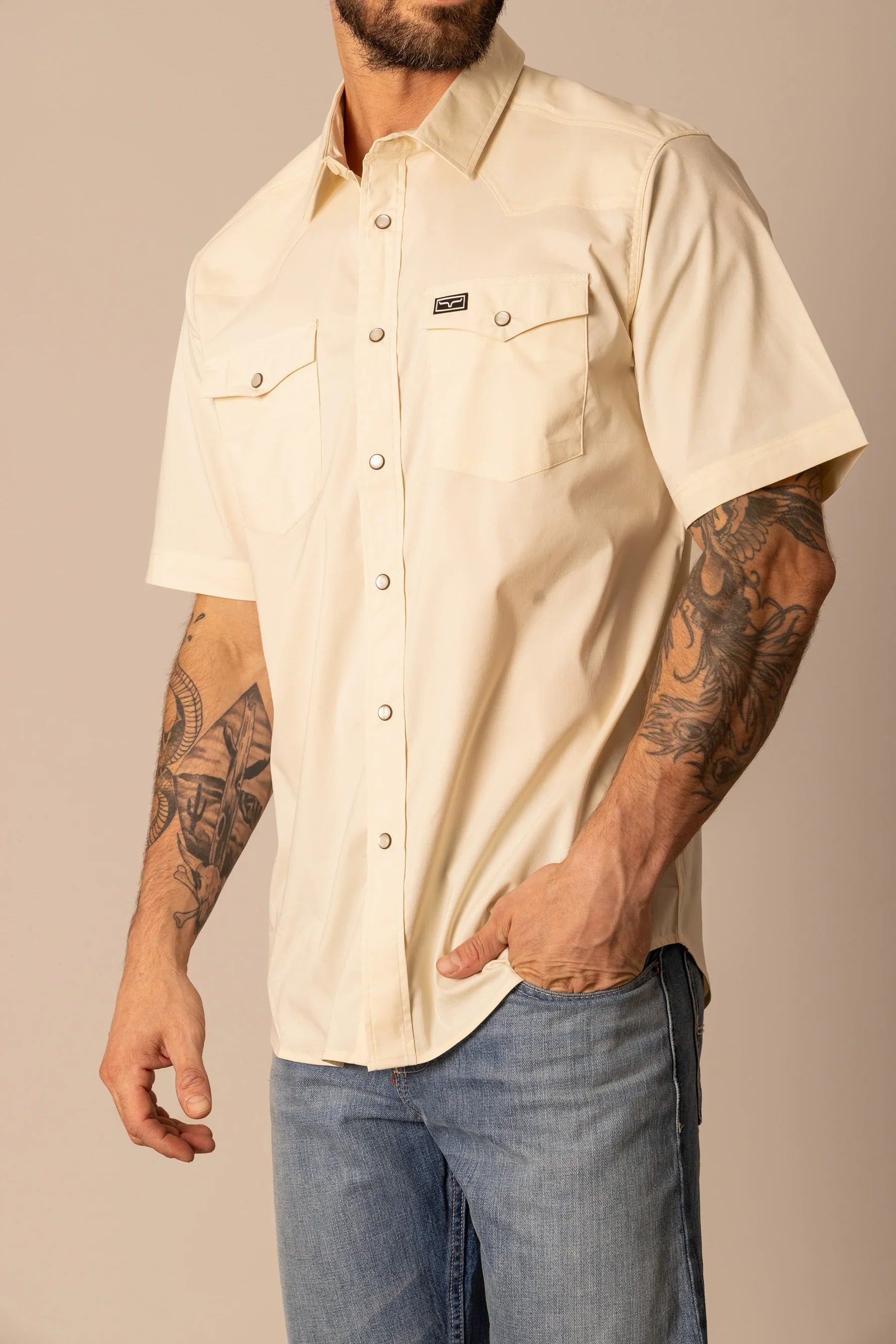 Kimes Ranch Men's Rio Short Sleeve Snap Dress Shirt - Light Khaki - S Kimes Ranch Men's Rio Short Sleeve Snap Dress Shirt - Light Khaki - S